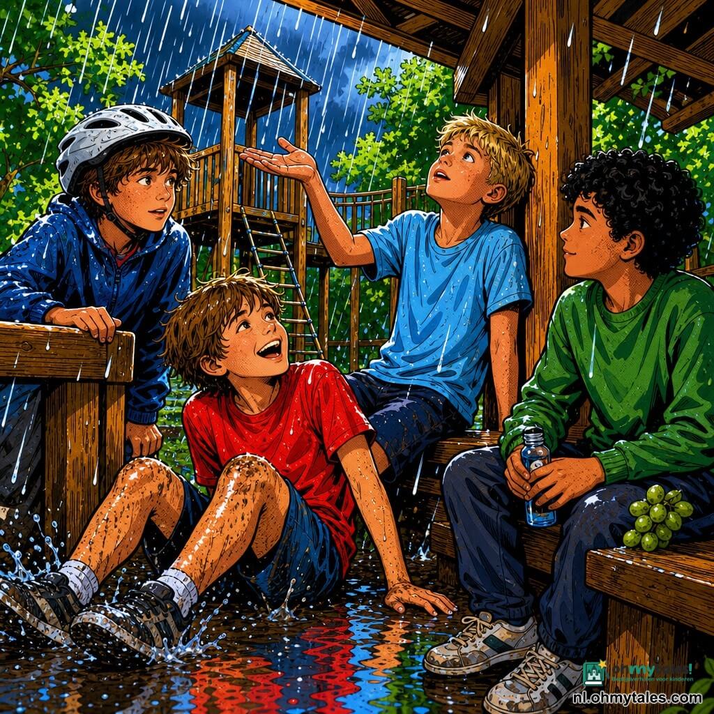 Er zijn vier jongens van 11 jaar: Milan (bruine warrige haren, wit fietshelm, aandachtig, handen op de houten reling, links bij de ingang van het schuilhok), Finn (korte blonde haren, lichtblauw T‑shirt, beschermende houding, kijkt naar de lucht en steekt een hand naar buiten, midden‑rechts tegen een balk), Daan (lichtbruin haar, rood T‑shirt, giechelend, met natte benen na in een plas te zijn gesprongen, voor het schuilhok iets voor de groep) en Youssef (zwarte krullen, groene trui, zit rustig op een bank onder het schuilhok met een flesje en wat druiven, rechts), op een volledig houten speelplaats tussen grote loofbomen met planken, gegroefde balken, uitkijktoren en plankbrug, modderige grond met reflecterende plassen, bladeren en glinsterende druppels; er valt een zomerse hoosregen in gordijnen, de kinderen zitten dicht bij elkaar onder het houten schuilhok met natte kleding en zichtbare druppels, kleurechte reflecties in de plassen en een contrastrijke popartachtige lichtsfeer.