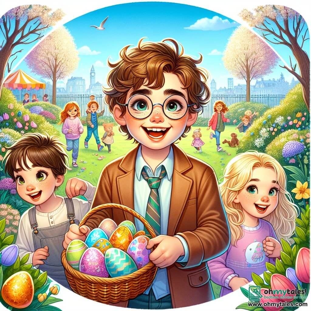 A 12-year-old boy, Oliver, stands at the center of the image with messy brown hair and round glasses slipping slightly down his nose. His face is lit up by a big excited smile as he holds a colorful map in one hand and a basket filled with chocolate eggs in the other. Next to him, Mia, an 11-year-old girl with golden curls and a pastel t-shirt, joyfully laughs while pointing at an egg hidden under a flowering bush. Jacob, a 12-year-old boy with black hair and sparkling eyes, is rummaging through a pile of flowers, his expression focused and determined. The setting is a park in full spring, with flowering trees, colorful tulips, and a bright blue sky dotted with white clouds. Children are playing in the background, and festive stands are visible, adding to the cheerful atmosphere. The main scene shows Oliver and his friends in the midst of an Easter egg hunt, searching for hidden eggs in the community garden, filled with joy and excitement, ready to solve the clues leading them to the big Easter parade.