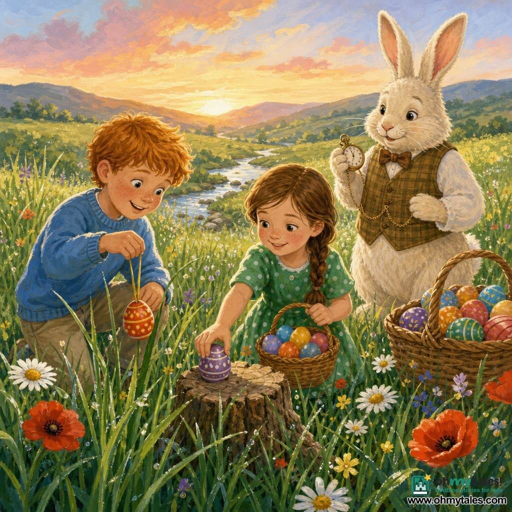 A smiling 10-year-old boy with strawberry-blond hair and freckles in a sky-blue sweater and canvas pants hangs a red-and-yellow painted egg in tall grass while a joyful 10-year-old girl with braided brown hair in a green polka-dot dress places an egg from a wicker basket of multicolored eggs on a nearby stump; a gentle, large Easter Bunny with cream fur and a brown checked vest watches affectionately from behind, holding a gold pocket watch with an overflowing basket of eggs beside him, all in a dewy sunrise meadow of tall grass, daisies and poppies, a glinting stream and rolling hills, the scene bright and playful with saturated colors and thick gouache-like textures.