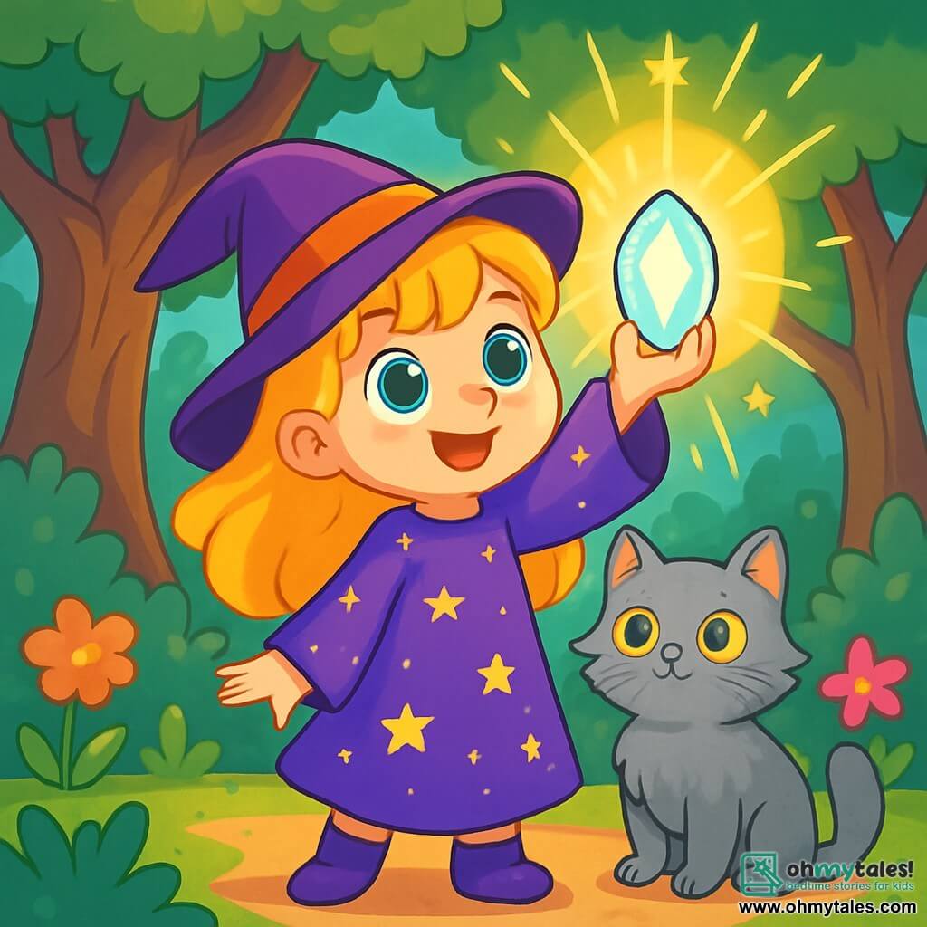 A small witch named Lily, with shining golden hair and sparkling emerald eyes, stands at the center of the image, a determined smile on her face. She wears a purple dress adorned with sparkling stars and holds a glowing crystal in her hands, radiating soft light. Beside her, her cat Whiskers, a fluffy gray feline, curiously watches with his big round eyes fixed on the crystal. In the background, the enchanted forest stretches majestically, with gigantic trees and vibrant green leaves that seem to whisper secrets. Colorful flowers dance in the wind, adding a touch of magic to the atmosphere. The main scene shows Lily raising the crystal to the sky, surrounded by a bright glow as she casts a spell to break the curse of forgotten birthdays. The ambiance is filled with wonder and hope, with sparkling light shimmering around them.
