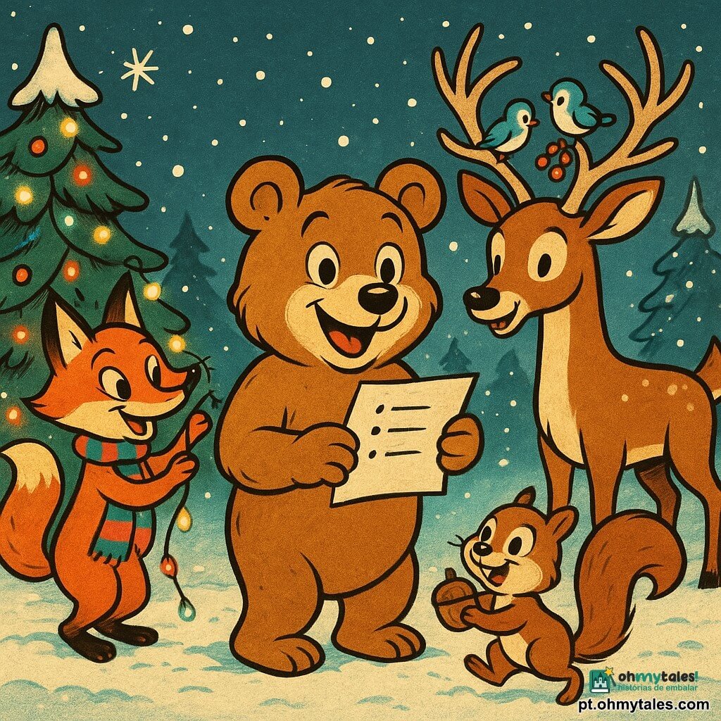 Um urso marrom chamado Bruno, com pelagem dourada e um sorriso caloroso, está no centro de uma clareira coberta de neve. Ele segura um pedaço de papel com uma lista de desejos, seus olhos brilham de alegria. À sua direita, um pequeno esquilo chamado Tobias, com uma cauda peluda e olhos vivos, salta de alegria segurando uma noz. À esquerda de Bruno, uma raposa ruiva chamada Lia, com olhos travessos e um cachecol colorido, pendura luzes cintilantes em uma árvore. Atrás deles, um cervo chamado Max, com grandes galhadas majestosas, compartilha frutas com pássaros pousados em seus chifres. A clareira é cercada por grandes pinheiros cobertos de neve, iluminados por guirlandas de luzes multicoloridas. A atmosfera é festiva e acolhedora, com flocos de neve caindo suavemente do céu estrelado.