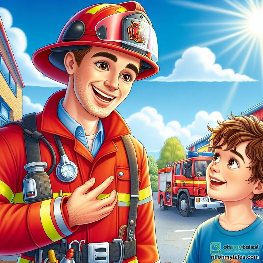 Een brandweerman, Jan, staat in het midden van de afbeelding, trots glimlachend. Hij draagt zijn felrode uniform, met een glanzende helm en een gereedschapsriem. Zijn ogen stralen van opwinding terwijl hij een jonge jongen, Tim, van ongeveer 10 jaar, uitleg geeft die aandachtig luistert. Tim heeft rommelig bruin haar en draagt een blauwe t-shirt met een brandweervoertuiglogo. Hij staat naast Jan, met grote ogen, en hangt aan zijn lippen.

Op de achtergrond is een kleurrijke brandweerkazerne te zien, met rode brandweerwagens geparkeerd en brandbestrijdingsgereedschap aan de muren. De lucht is blauw met enkele witte wolken, en de zon schijnt, wat een warme en vriendelijke sfeer creëert.

De hoofdscène toont Jan die zijn ervaringen als brandweerman deelt met Tim, die ervan droomt om op een dag brandweerman te worden. De afbeelding vangt de enthousiasme en inspiratie, met levendige en vrolijke details die de geest van avontuur en samenwerking oproepen.