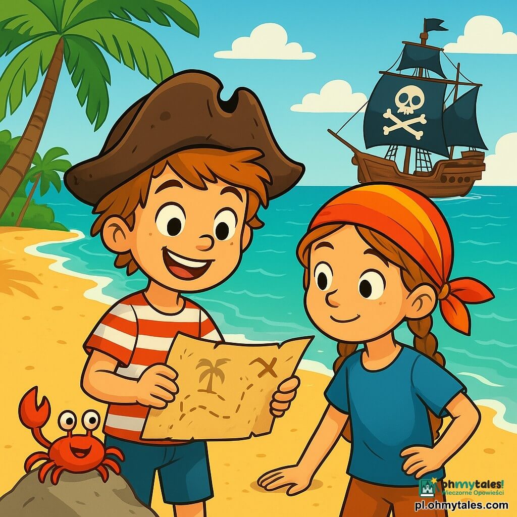 Kacper, młody pirat z rozwianymi włosami i promiennym uśmiechem, stoi na złotej plaży, jego oczy błyszczą z ekscytacji. Ma na sobie zużyty kapelusz piracki i w paski koszulę, trzymając w rękach mapę skarbów, gotowy do przygody. Obok niego Marysia, dziesięcioletnia dziewczynka z warkoczami i kolorowym bandaną, uważnie przygląda się mapie, jej twarz promienieje ciekawością. Mały krab o imieniu Szponik, z jaskrawoczerwoną skorupą, stoi na kamieniu, unosząc szczypce, jakby zachęcał Kacpra. Tło stanowi słoneczna plaża, otoczona zielonymi palmami i turkusowymi falami delikatnie rozbijającymi się o piasek. W oddali majestatycznie wznosi się wielki statek piracki "Czarnej Ostrygi", z czarnymi żaglami powiewającymi na wietrze. Główna sytuacja pokazuje Kacpra i Marysię, zdeterminowanych do rozwiązania zagadki w celu znalezienia ukrytego skarbu, otoczonych radosną i przygodową atmosferą.