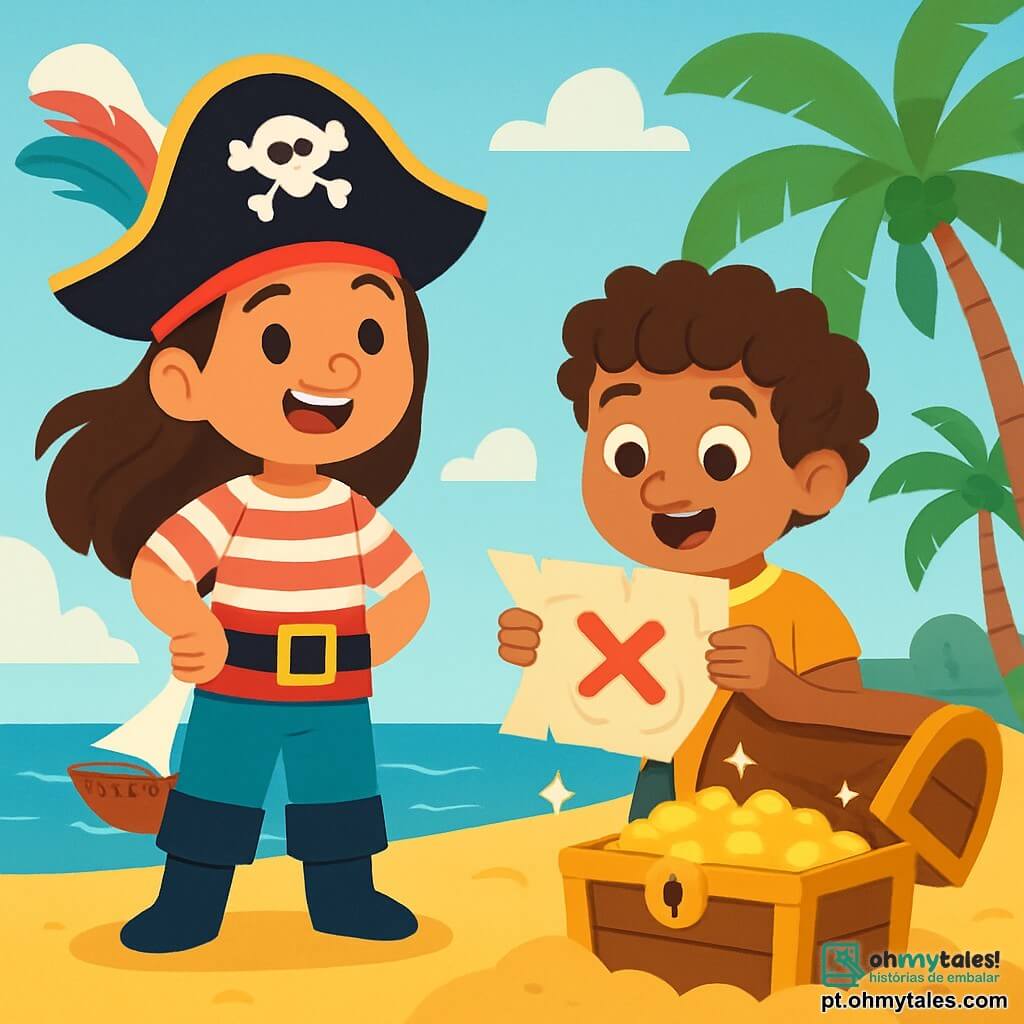 Uma jovem pirata, Marina, está orgulhosamente em uma praia dourada, com seus longos cabelos castanhos ao vento. Ela usa um chapéu de pirata decorado com uma pena colorida e uma camisa listrada, com um sorriso radiante de alegria e excitação no rosto. Ao seu lado, seu amigo Carlos, um garoto de dez anos com cabelos cacheados e olhos brilhantes, segura um mapa do tesouro, olhando maravilhado para o grande X vermelho no papel. Ao fundo, o barco "Vento Forte" está ancorado, com suas velas brancas infladas pelo vento, enquanto palmeiras verdes balançam suavemente. A cena mostra Marina e Carlos prontos para desenterrar um grande baú de madeira, cercado por areia fina, com raios de luz cintilando nas moedas de ouro que escapam do baú.