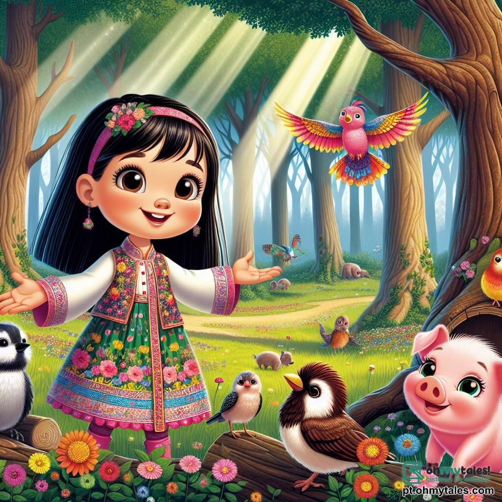 No centro da imagem, Branca de Neve, uma menina de cerca de 10 anos, sorri radiante. Ela tem cabelos negros como ébano, pele branca e veste um vestido colorido com padrões florais, simbolizando seu amor pela natureza. Ela estende a mão para um grupo de animais da floresta, demonstrando sua bondade e conexão com eles. À sua direita, um pequeno porquinho rosa, curioso e alegre, observa Branca de Neve com olhos brilhantes. À sua esquerda, uma pequena gralha com penas brilhantes observa a cena, pronta para voar. No fundo, a floresta encantada se estende, com árvores majestosas e folhas verdes. Flores multicoloridas cobrem o chão, e um suave raio de sol filtra pelas folhas, criando uma atmosfera mágica. A cena principal mostra Branca de Neve interagindo alegremente com os animais, enquanto uma grande árvore caída bloqueia o caminho para o lago. A imagem captura o espírito de aventura e camaradagem, ilustrando o momento em que Branca de Neve decide ajudar seus amigos animais a superar o obstáculo.