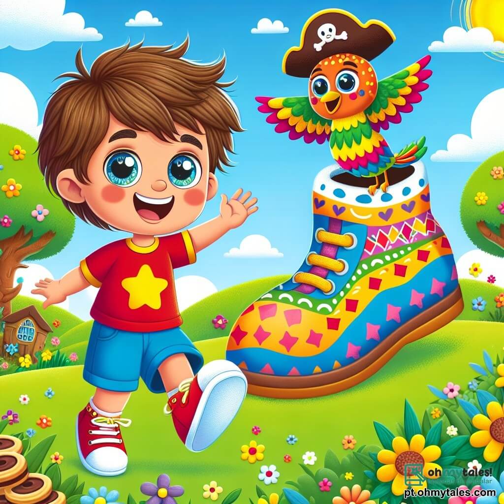 Um menino de 4 anos, chamado Pedro, com cabelos castanhos bagunçados e olhos brilhantes de curiosidade, está em pé em um jardim ensolarado, com um grande sorriso no rosto. Ele veste uma camiseta vermelha com estrelas amarelas e um short azul, pulando de alegria diante de um sapato gigante colorido, com padrões vibrantes e olhos amigáveis. Ao lado dele, um pássaro chamado Capitão Piu-Piu, com um chapéu de pirata e penas coloridas, voa alegremente, apontando para sua casa de chocolate. O jardim está cheio de flores vibrantes e árvores verdes, sob um céu azul claro com nuvens fofas. A cena principal mostra Pedro e o sapato gigante voando juntos em direção à terra dos biscoitos voadores, cercados por biscoitos coloridos que flutuam ao redor, criando uma atmosfera alegre e mágica.