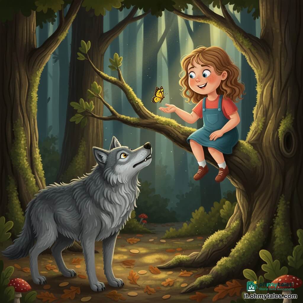 Bambina di 8 anni, viso rotondo con lentiggini, capelli castano chiaro mossi fino alle spalle, occhi azzurri vivaci e espressione maliziosa e sicura, sulla ramo basso di una quercia con la mano aperta mostrando una piccola farfalla gialla con motivi neri dalle ali distese che svolazza sopra la mano; grande lupo grigio dal manto folto e ondulato, occhi gialli penetranti e denti appena scoperti ma postura sorpresa e curiosa, in piedi sul sentiero sottostante con la testa rivolta verso la bambina; foresta scura e profonda con tronchi spessi ricoperti di muschio, tappeto di foglie brune, raggi di sole dorato che filtrano tra i rami e qualche fungo rosso; scena principale: la bambina si è arrampicata leggermente per stuzzicare il lupo con un sorriso birichino, tensione giocosa e ingegnosità più che paura.