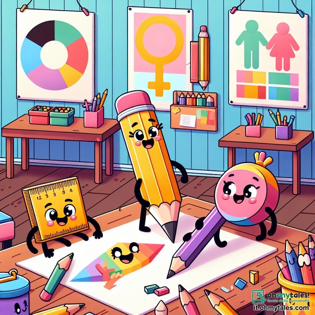 Un personaggio principale, una matita colorata con una bella gomma rosa sulla testa e una punta affilata, si trova al centro della scena, radiosa di gioia ed eccitazione, mentre disegna un supereroe su un grande foglio di carta. A destra, un righello dai colori vivaci, con un sorriso caloroso, osserva con ammirazione, pronto ad aiutarla a tracciare linee dritte, mentre a sinistra, una gomma rotonda e gioiosa, con occhi scintillanti, si prepara a cancellare un piccolo dettaglio per migliorare il disegno. Il luogo è un'aula luminosa, decorata con decorazioni colorate sui muri, con manifesti sull'uguaglianza di genere e tavoli di legno dove sono sparse forniture scolastiche, creando un'atmosfera gioiosa e collaborativa. La situazione principale mostra i personaggi che lavorano insieme a un progetto di disegno, illustrando lo spirito di unità e uguaglianza, dove ognuno contribuisce con entusiasmo e creatività, celebrando la diversità e l'amicizia.