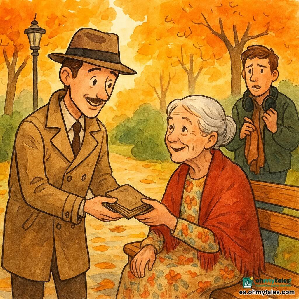 Un hombre, el detective Ramón, aparece en el centro con rostro delgado, ligero bigote y sonrisa curiosa, vestido con gabardina marrón clara y sombrero de fieltro, tendiendo un pequeño cuaderno gastado a una anciana de unos 75 años, María, sentada en un banco de madera con vestido de flores y chal rojo, cabello gris en moño y rostro arrugado pero luminoso, que lo recibe aliviada; un hombre de unos 40 años, nervioso y algo atrás junto a un arbusto con auriculares al cuello, mira culpable y sostiene una vieja bufanda; el parque otoñal muestra hojas anaranjadas y amarillas en el suelo, un farol de hierro y sendero empedrado; la escena central es la entrega del periódico antiguo entre Ramón y María, con luz suave, gestos cálidos y expresiones claras, en estilo de trazos de tinta, acuarela cálida y texturas de papel, composición centrada y legible para niños.