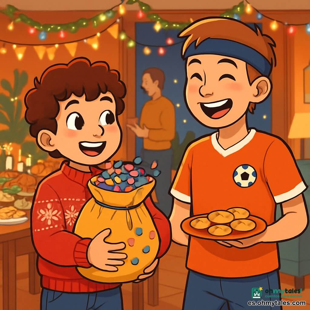 Un niño de 10 años, con cabello castaño y rizado, con una sonrisa radiante y ojos llenos de emoción, sostiene una gran bolsa de confeti colorido en sus brazos. Lleva un suéter de lana rojo con un patrón de copos de nieve y pantalones de mezclilla. A su lado, su amigo Alex, un niño de 11 años, alto y atlético, con una camiseta de fútbol y una cinta en la cabeza, ríe mientras sostiene un plato de galletas. La escena se desarrolla en una sala acogedora, decorada con guirnaldas brillantes y luces multicolores, con una gran mesa en el centro, cubierta de platos festivos y velas encendidas. En el fondo, adultos conversan alegremente, creando un ambiente festivo. El niño, con una expresión de orgullo y responsabilidad, se prepara para abrir la bolsa de confeti en el momento del año nuevo, mientras Alex lo anima con una gran sonrisa. Ambos amigos comparten un momento de complicidad, rodeados de la emoción de la fiesta que se acerca.