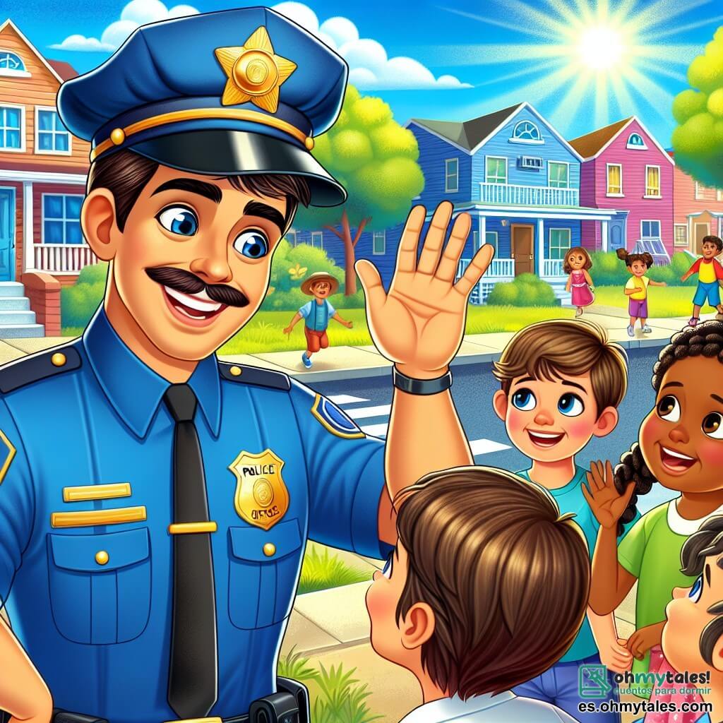 Un policía llamado José, sonriente y amigable, lleva un uniforme azul con un gran sombrero adornado con una estrella brillante. Tiene cabello castaño y ojos chispeantes de alegría, y está saludando a unos niños con un gesto amistoso de la mano. Entre los niños, hay un niño de 8 años, con cabello rubio y ojos azules, que levanta la mano sonriendo, y una niña de 7 años, con trenzas castañas, que mira a José con admiración, ojos muy abiertos. La escena tiene lugar en una calle animada de un barrio residencial, con casas coloridas, árboles verdes y niños jugando en la acera. El sol brilla, creando una atmósfera alegre y cálida. La situación principal muestra a José explicando a los niños su papel de policía, animándolos a ser amables y cuidar unos de otros, mientras comparten risas y sonrisas.