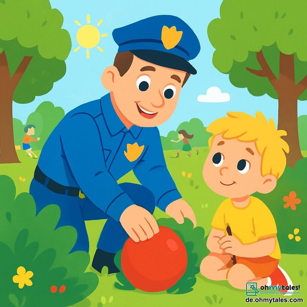 Ein Polizist, ein lächelnder und freundlicher Mann in den Vierzigern, trägt eine leuchtend blaue Uniform mit einem glänzenden Abzeichen auf der Brust. Er hat kurze braune Haare und freundliche, strahlende Augen. Er hockt sich nieder und hilft einem kleinen Jungen, seinen verlorenen roten Ball zu finden, mit einem Ausdruck von Konzentration und Freude im Gesicht. Der kleine Junge, Tim, etwa 6 Jahre alt, hat zerzauste blonde Haare und ein gelbes T-Shirt. Er sitzt auf dem Boden, schaut den Polizisten mit hoffnungsvollen Augen an und hält ein kleines Stück Holz in den Händen. Der Ort ist ein grüner Park mit Laubbäumen, bunten Blumen und einem klaren blauen Himmel. In der Ferne spielen Kinder und man hört Lachen in der Luft. Die Hauptsituation zeigt den Polizisten, der dem kleinen Jungen hilft, seinen Ball zu suchen, umgeben von Büschen, während die Sonne scheint und eine fröhliche, freundliche Atmosphäre schafft.