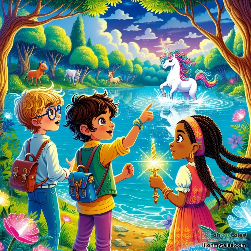 Tre piccoli avventurieri si trovano sulla riva di un lago magico. Marco, un ragazzo di 10 anni con i capelli castani e gli occhi brillanti, guarda con meraviglia le acque scintillanti. Alla sua destra, Sara, una ragazza di 9 anni con lunghi capelli biondi intrecciati e un vestito colorato, indica un unicorno che emerge dalle acque. A sinistra, Luca, un ragazzo di 10 anni con occhiali rotondi e capelli castani, tiene in mano una mappa magica, concentrato. Il lago è circondato da alberi giganti con foglie multicolori, e il cielo è di un blu intenso, punteggiato da nuvole a forma di creature fantastiche. Fiori luminosi bordano la riva e piccoli animali curiosi osservano gli avventurieri dai cespugli. I tre amici stanno scoprendo il potere magico del lago, pronti a esprimere un desiderio che li riporterà a casa, portando con sé un pezzo di quella magia nel cuore.