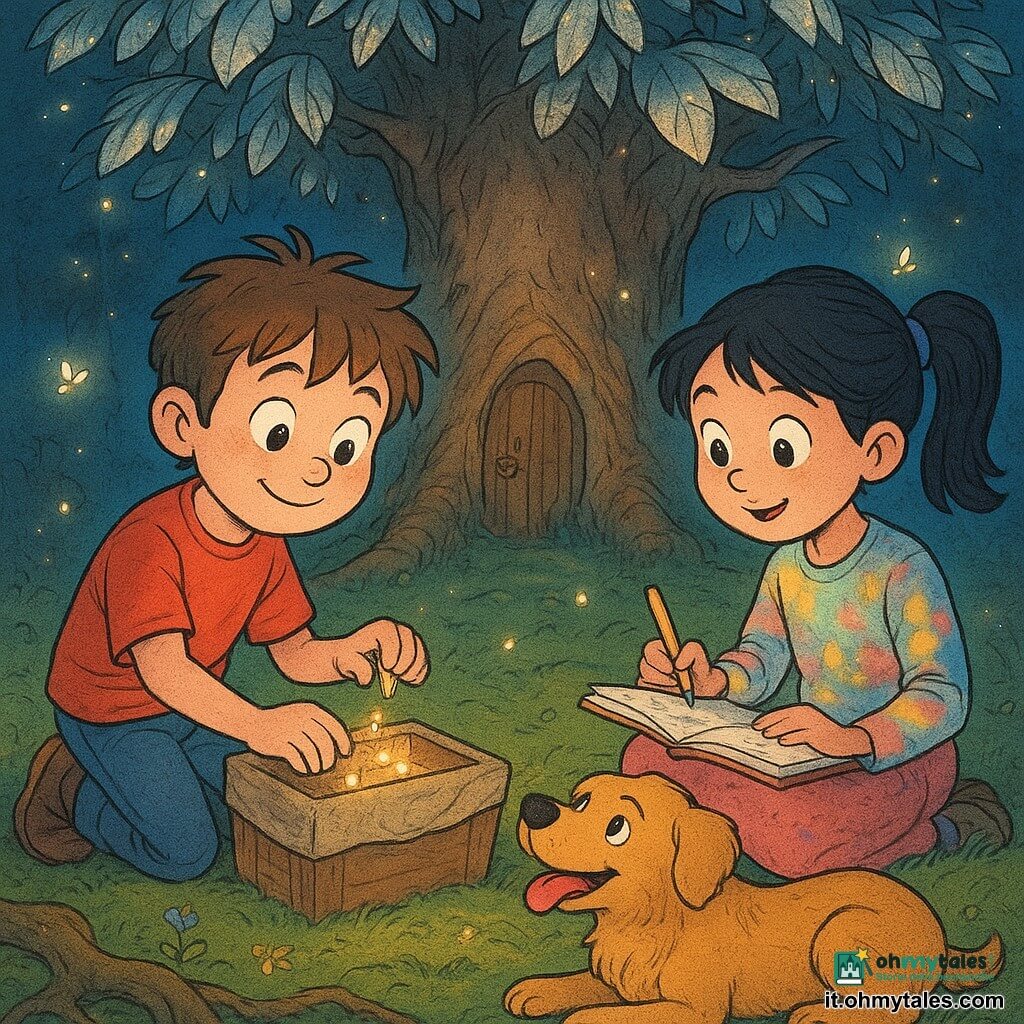 Un bambino di 8 anni, Leo, viso rotondo, capelli castani spettinati, occhi grandi e curiosi, si inginocchia per porre una piccola scatola di legno coperta da un panno di lino sotto un grande albero dalle foglie argentate; una bambina di circa 8 anni, Aria, capelli neri raccolti in codini, abbigliamento colorato macchiato di pastelli, seduta accanto a Leo con un taccuino e un pastello mentre disegna la scena; un cane di taglia media, Timo, pelo dorato, lingua fuori e atteggiamento gioioso, è accovacciato vicino alla scatola guardando Leo con fedeltà; la radura ha il terreno coperto di muschio verde, radici intrecciate, piccole fioriture luminose e lucciole danzanti, l'albero ha una piccola porta scolpita e foglie metalliche; i bambini pongono semi luminescenti nella scatola come simbolo di protezione del tesoro naturale, atmosfera dolce e crepuscolare con luce calda e riflessi argentati; stile grafico a linee chiare, colori vividi e testurizzati, espressioni leggibili, composizione centrata su bambini e scatola, dettagli naturali stilizzati per evocare magia e tenerezza.
