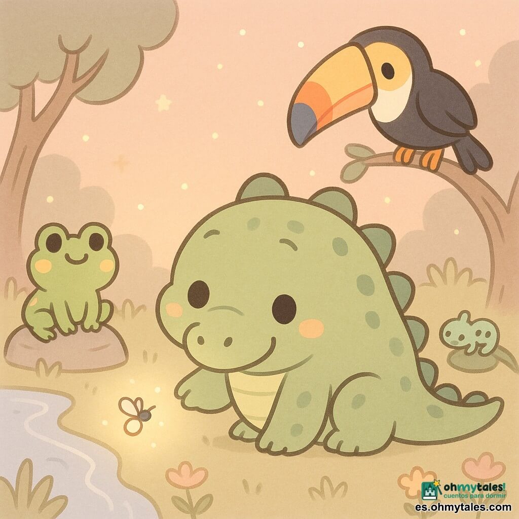 Un cocodrilo llamado Coco, grande y redondo, piel verde de escamas suaves, ojos redondos brillantes y sonrisa tímida, está agachado extendiendo una patita hacia una luciérnaga; Rita la rana, pequeña y verde con manchas amarillas, ojos saltones y sonrisa, está sentada sobre una piedra a la izquierda mirando la luciérnaga; Toto el tucán, plumaje negro con pico naranja y azul, está posado en una rama arriba a la derecha inclinando la cabeza; Lila la lagartija, diminuta color menta, se desliza sobre una hoja junto al hocico de Coco con mirada traviesa; el claro junto a un arroyo plateado tiene hierba suave, flores en tonos pastel, árboles de troncos curvados y un cielo crepuscular salmón-violáceo lleno de luciérnagas, todos los amigos reunidos contemplando las luciérnagas encenderse en una atmósfera dulce y mágica, colores pastel, contornos simples y formas redondeadas.