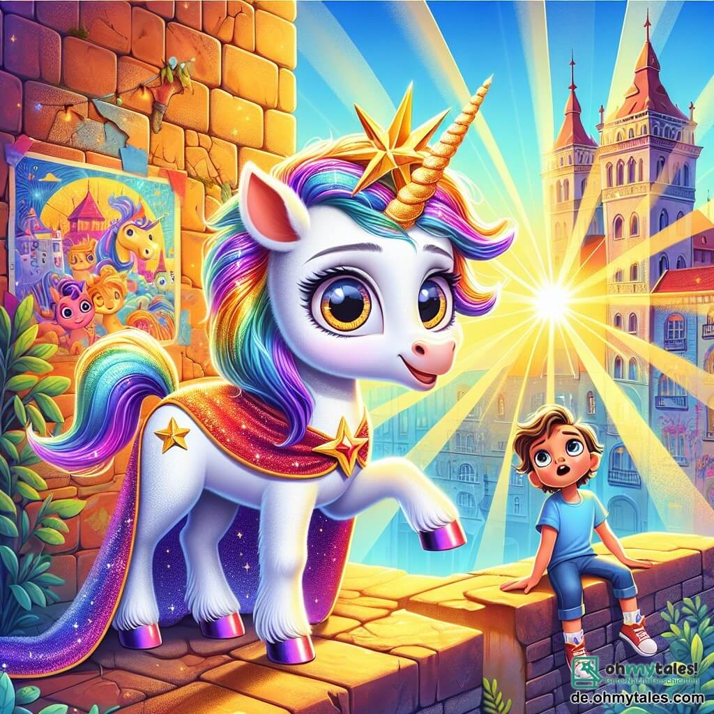 Eine kleine Einhorn namens Lila, mit einem strahlend weißen Fell und einer regenbogenfarbenen Mähne, die in der Sonne glänzt, steht vor einer alten Steinmauer. Ihre großen, weit aufgerissenen Augen zeigen Neugier und Staunen. Sie trägt ein süßes, buntes Tüchlein, das ihr magisches Horn verbirgt. Neben ihr beobachtet ein etwa 8-jähriger Junge mit zerzausten braunen Haaren und einem blauen T-Shirt Lila mit einem bewundernden Lächeln. Er sitzt auf einer Mauer, mit baumelnden Beinen, und scheint bereit zu sein, ihr zu helfen, das Geheimnis des funkelnden Schlüsselanhängers zu entdecken. Der Ort ist eine belebte Gasse der Stadt, mit hohen, bunten Gebäuden, künstlerischen Graffiti an den Wänden und Sonnenstrahlen, die durch die Äste eines Baumes filtern. Die Hauptsituation zeigt Lila, die neugierig mit ihrem Fuß nach einem sternförmigen Schlüsselanhänger greift, der hell leuchtet, während der Junge sie begeistert anfeuert, was eine magische und abenteuerliche Atmosphäre schafft.