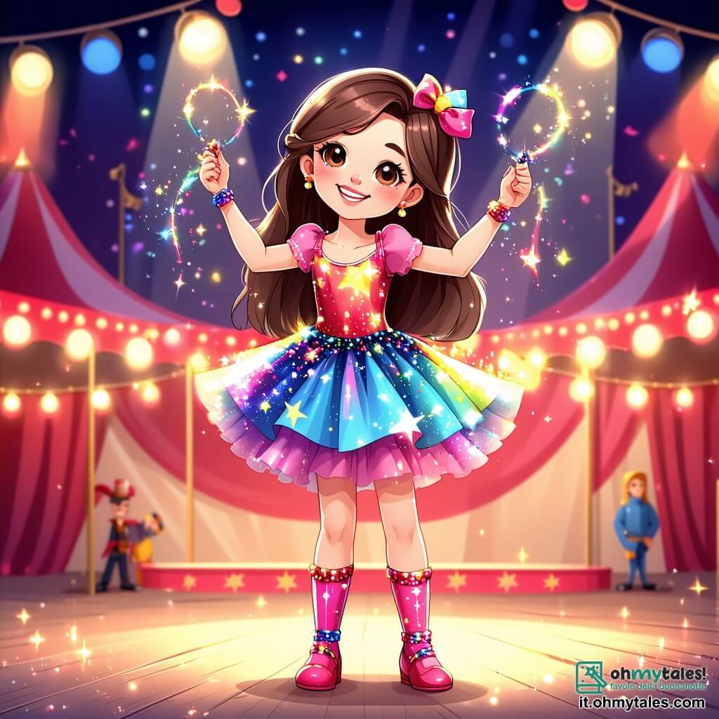Una ragazza di 9 anni, Sofia, con lunghi capelli castani e occhi che brillano di gioia, si trova al centro del circo, con un grande sorriso che illumina il suo viso. Indossa un bel vestito colorato con stelle brillanti e tiene in mano delle clave, pronta a giocolare, il suo sguardo pieno di eccitazione e attesa. Alla sua destra, un uomo alto e magro, il giocoliere, di circa 30 anni, con un costume colorato a strisce e un cilindro, la incoraggia con un grande sorriso, mostrando le sue abilità. A sinistra, un clown con capelli arruffati e viso dipinto in modo comico, di circa 25 anni, scivola sul pavimento con un secchio d'acqua, facendo ridere il pubblico. Il luogo è un grande tendone da circo, pieno di colori vivaci e luci scintillanti, con posti a sedere in legno e un palco centrale dove si svolgono gli spettacoli. La scena principale mostra Sofia, piena di determinazione e gioia, che gioca goffamente con le clave sotto gli applausi e le risate del pubblico, mentre il clown scivola comicamente accanto a lei, aggiungendo un tocco di magia e risate a questo momento memorabile.