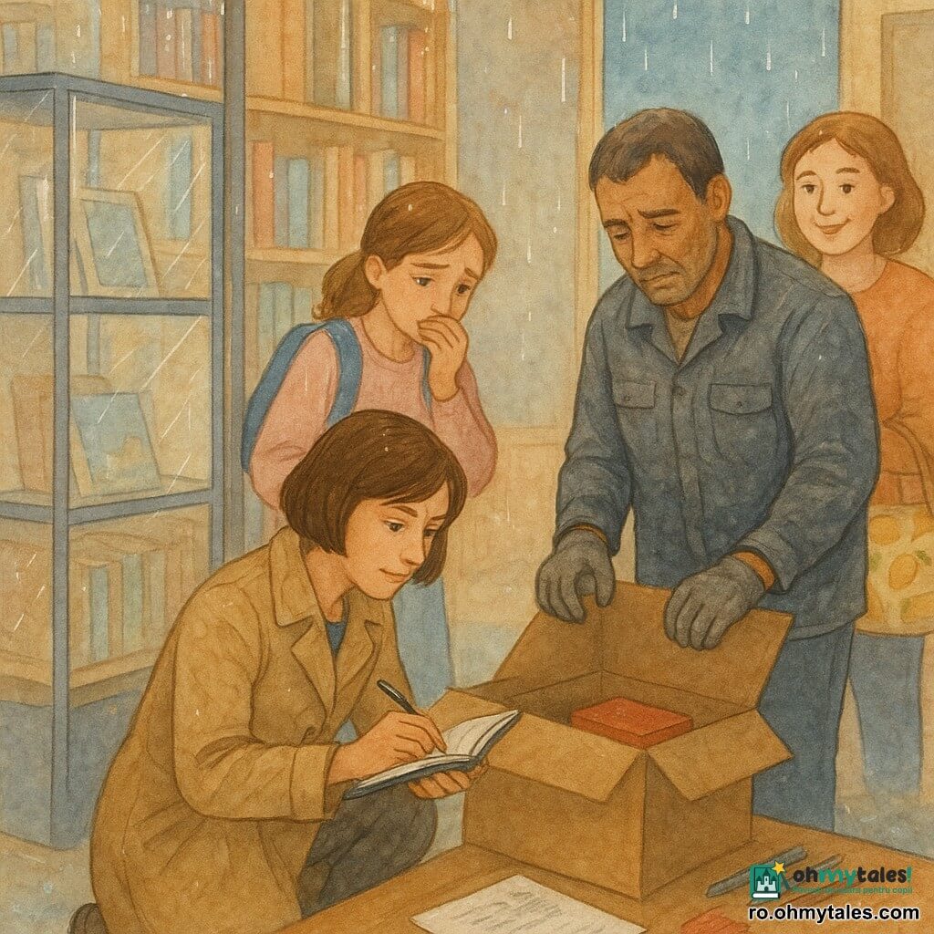Detectivă adultă, privire concentrată și binevoitoare, păr brun cascadă, palton bej ușor șifonat, îngenuncheată lângă o vitrină de bibliotecă din sticlă, ținând un mic carnet și un creion, luminată cald cu reflexe pe sticlă; fată (Mira), ~13 ani, vinovată dar timidă, părul castaniu prins în coc, rucsac albastru, stă în spatele detectivei cu mâna la gură lângă o masă cu o cutie roșie; bărbat (Costel), ~50 ani, muncitor, piele bronzată și mâini bătătorite, mănuși gri tocite și geacă de lucru, lângă o cutie mare din carton deschisă, privind în jos, puțin rușinat; femeie (Ana), ~40 ani, prietenă a familiei, chip rotund și zâmbitor în ciuda îngrijorării, ține o geantă din pânză cu model de lămâi lângă intrare privind scena; interior: mică bibliotecă de cartier cu rafturi din lemn deschis, covoraș ud lângă intrare, vitrină metalică și vitrată pe un suport, masă de stejar cu markere, mapă și o fotocopie, ploaie vizibilă la fereastra din spate; situație: detectiva descoperă un atlas lipsă într-o cutie de depozit — întâlnire calmă, tensiune slabă, indicii: o chingă subțire, o fotocopie, o cutie roșie vopsită și cheia lipsă; compoziție centrată, atmosferă intimă și caldă, tonuri acuarelă pastelate cu accente albe pe reflexe și picături de ploaie.