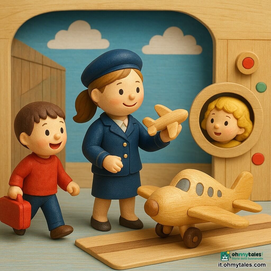 Una pilota sorridente e orgogliosa con giacca blu navy e basco, capelli castano chiaro raccolti in coda, tiene un piccolo comando di legno come se pilota; una bambina di 6 anni con capelli ricci biondi e giacchetta gialla guarda estasiata attraverso un oblò di cartone a destra; un bambino di 5 anni con capelli castani corti tiene una valigia di legno rossa a sinistra, saltellando; hangar di legno dipinto con colori tenui, grandi porte aperte, cielo dipinto di blu sullo sfondo e nuvole di carta, pannelli e pulsanti di legno colorati su un tavolo chiaro; aereo pronto al decollo su pista di legno, luce calda, texture di legno e vernice visibili, composizione centrata e leggibile per i più piccoli.