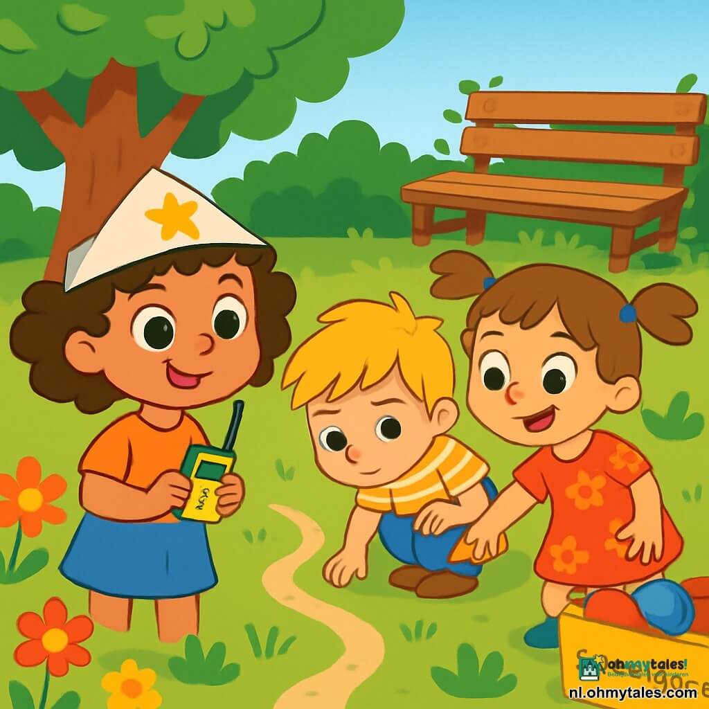 Een 4-jarig meisje met grote glanzende ogen en krullend haar draagt een papieren pet versierd met een ster. Ze heeft een vastberaden en nieuwsgierige glimlach en houdt een kleine gele walkietalkie in haar hand. Naast haar zit een 5-jarig jongetje met rommelig blond haar en een gestreept t-shirt, terwijl hij zich geconcentreerd over de grond buigt. Een ander kind, een 4-jarig meisje met twee staartjes en een bloemenjurk, wijst enthousiast naar een klein pad in het gras. De scène speelt zich af in een zonnige tuin vol kleurrijke bloemen, met een grote boom met groene bladeren en een klein houten mandarijntje waar ballen op liggen. Op de achtergrond staat een oude houten bank omringd door klimplanten. De drie kinderen zijn druk bezig met het zoeken naar een verdwenen rode bal, terwijl ze de grond en de omgeving met nieuwsgierige en opgewonden gezichten in de gaten houden.