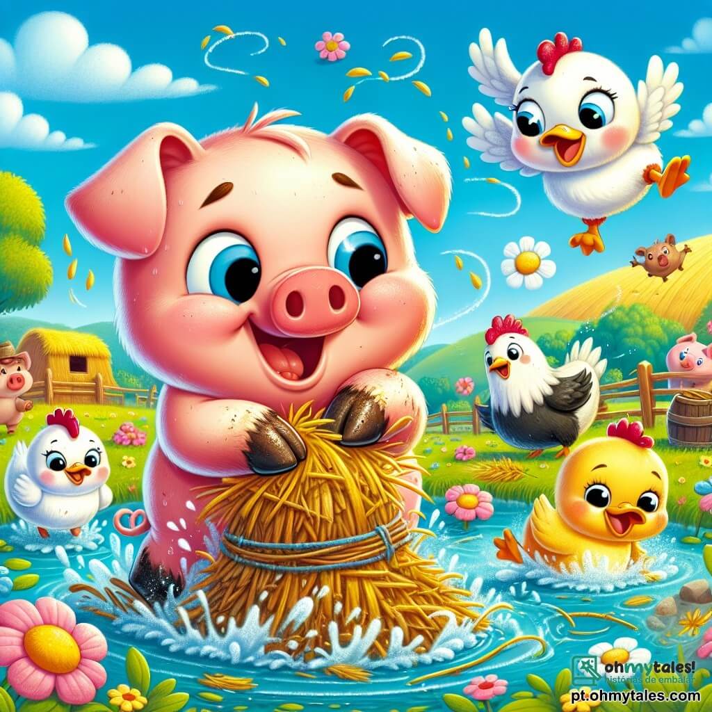 Um porquinho rosa chamado Pipo, com grandes olhos redondos e uma expressão alegre, está puxando um monte de feno molhado para fora de uma linda lagoa. Suas patinhas estão cheias de lama, e ele sorri ao olhar para seus amigos. Ao seu lado, uma galinha branca chamada Lili, com penas brilhantes e um ar curioso, o incentiva batendo as asas, enquanto um patinho amarelo chamado Tico, com um bico travesso, desliza na água rindo. A cena acontece em uma fazenda ensolarada, cercada por campos verdes e flores coloridas, com um céu azul salpicado de nuvens fofas. No centro da imagem, Pipo e seus amigos se divertem tirando o feno da água, criando respingos alegres ao redor, ilustrando uma aventura divertida e cheia de risadas.