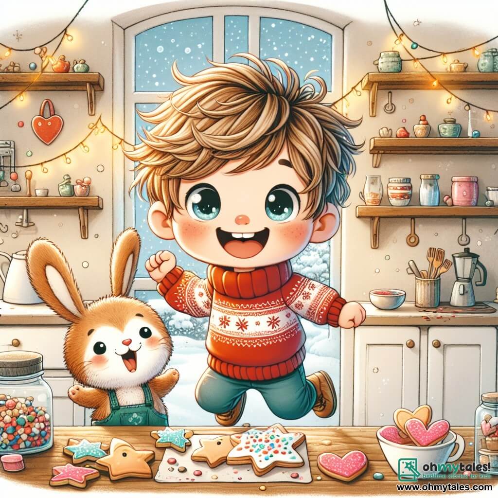 A 4-year-old boy named Oliver, with messy brown hair and sparkling joyful eyes, is jumping with happiness in a cozy kitchen. He is wearing a red sweater with snowflake patterns and jeans. Next to him, an adorable little rabbit named Benny, with long soft ears, observes Oliver with a curious look, its little paws resting on the counter. The kitchen is decorated with twinkling lights and Christmas cookies shaped like stars and hearts, spread out on the wooden table. The walls are painted a soft yellow, and a window lets in sunlight, illuminating the room with a warm ambiance. Oliver and Benny are decorating Christmas cookies with colorful sprinkles and icing, laughing and having fun together. Snowflakes are gently falling outside, adding a magical touch to this festive scene.