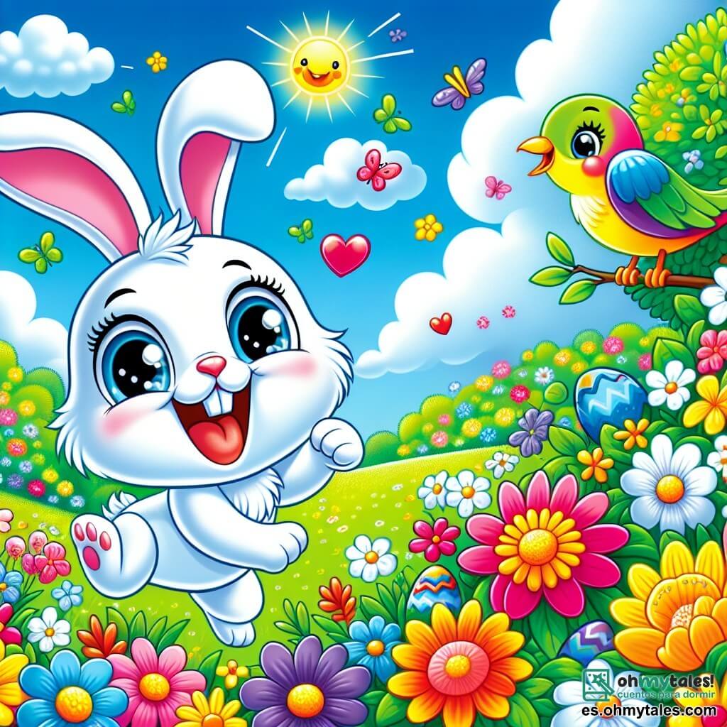 Un pequeño conejo de pelaje blanco brillante y grandes ojos brillantes, con una expresión alegre en su rostro, está saltando con entusiasmo en medio de un jardín colorido, rodeado de flores brillantes de todos los colores. A su lado, un pájaro de plumas coloridas, cantando con una sonrisa radiante, se posa en una rama de árbol, observando a su amigo con cariño. Al fondo, un campo verde está salpicado de flores silvestres, bajo un cielo azul claro con nubes blancas esponjosas, creando una atmósfera primaveral alegre. La escena muestra al pequeño conejo y al pájaro buscando huevos de Pascua escondidos entre las flores, llenos de emoción y risas, celebrando juntos la llegada de la primavera.