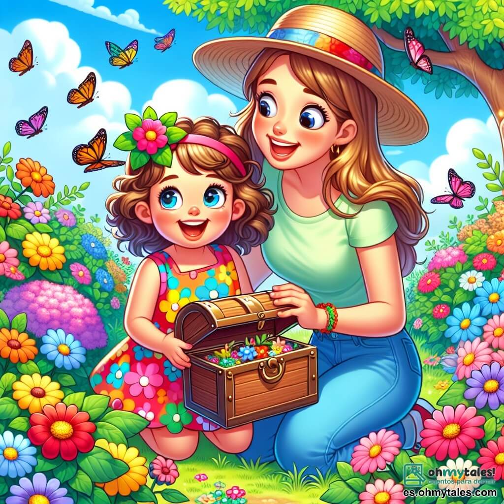 Una niña de 3 años, con grandes ojos brillantes y cabello rizado, lleva un vestido colorido con flores y un sombrero de paja. Sonríe con asombro mientras sostiene una pequeña caja llena de tesoros encontrados en el jardín. A su lado, su mamá, una mujer de unos 30 años, con cabello largo y liso, lleva una camiseta ligera y pantalones de mezclilla. Se inclina sonriendo, ayudando a su hija a descubrir un tesoro escondido detrás de un arbusto. El jardín está lleno de flores brillantes, árboles verdes y un cielo azul claro con nubes blancas. Mariposas de colores vuelan alrededor, añadiendo a la alegría primaveral. La escena principal muestra a la niña y su mamá en plena búsqueda del tesoro, riendo y disfrutando de la belleza de la naturaleza.