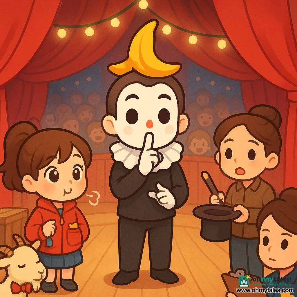 A 10-year-old girl, Mia, smiling and surprised, lets out a small snort during the performer’s dramatic silence; a similarly aged boy, Leo, anxious but admiring, with messy light-brown hair holds a black hat and a ribboned wand behind a curtain to Mia’s right; Mr. Pompom, a ~40-year-old performer with white makeup, painted brows, a ruff, and a banana worn like a crown, poses silently at center ring; Ms. Maribel, a calm leader in her 30s–40s with a starry jacket and a tight bun, watches from the ring edge with a clipboard; a small elegant kid goat with a bow tie chews near Mia by costume crates; the scene is a colorful circus tent with a light wooden round ring under a warm spotlight, red velvet curtains, blurred smiling audience and twinkling lights, capturing a comic, tender moment that sparks joyful laughter, warm atmosphere, vivid colors, exaggerated cute expressions, wonder and camaraderie.