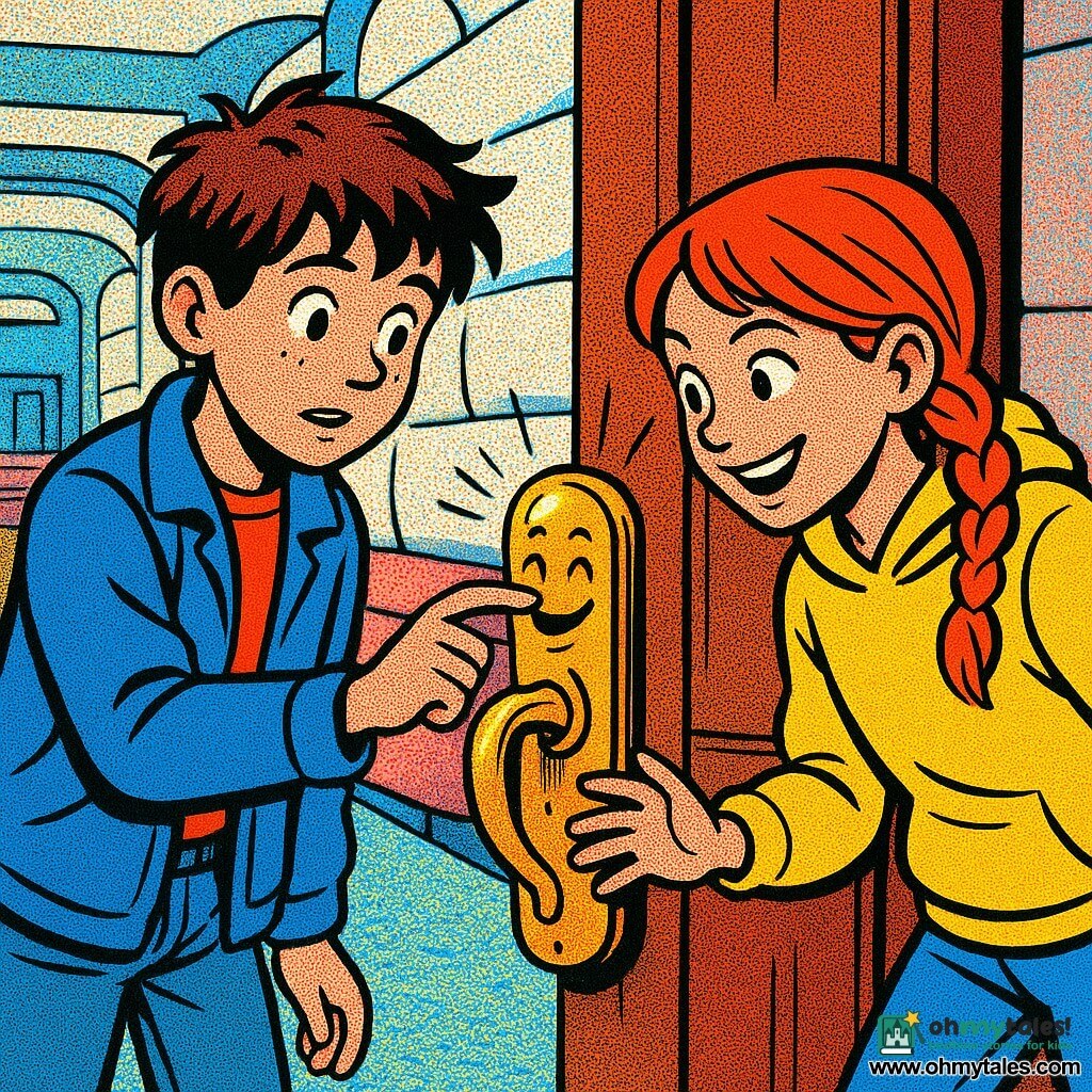 Three characters: Milo, about 11, messy brown hair, oversized blue jacket and jeans, stands left, timidly touches a brass doorknob with one finger; Bea, about 11, red braided hair, bright yellow sweatshirt, mischievous smile, stands right and touches the knob at the same time, leaning forward; an anthropomorphized brass doorknob in the center, shiny and tall with a small joyful face carved in metal, vibrating and seeming to laugh on a partially open wooden door. Setting: a train station hall made of fabric and cotton—marshmallowlike pastel walls, quilted cushion benches, embroidered signs, a soft textured floor, soft lighting with sharp shadows and pop‑art dot accents. Main action: both children touch the jiggling laughing knob together as the door opens to a scented breeze of soap, their faces sharing a complicit look of surprise; centered composition, saturated colors, thick outlines, dotted patterns and strong contrasts.