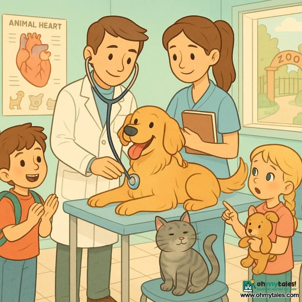 A smiling young veterinarian Dr. Leo with short brown hair in a clean white coat listens to the heart of Max, a happy golden retriever on an exam table, while nurse Mia, about 28 with her hair in a ponytail, stands nearby with a notebook and encouraging smile; an 8-year-old brown-haired boy with a small backpack watches and claps gently on the left and an 8-year-old blonde girl with a braid holds a stuffed toy and points at the stethoscope on the right; a calm gray tabby cat named Whiskers sits on a nearby chair; the bright veterinary clinic has mint walls, educational animal posters, shelves with jars, a window overlooking the zoo, a clean tiled floor and a large animal heart poster, and the scene conveys a warm, gentle morning light, pastel colors and a caring, reassuring atmosphere.