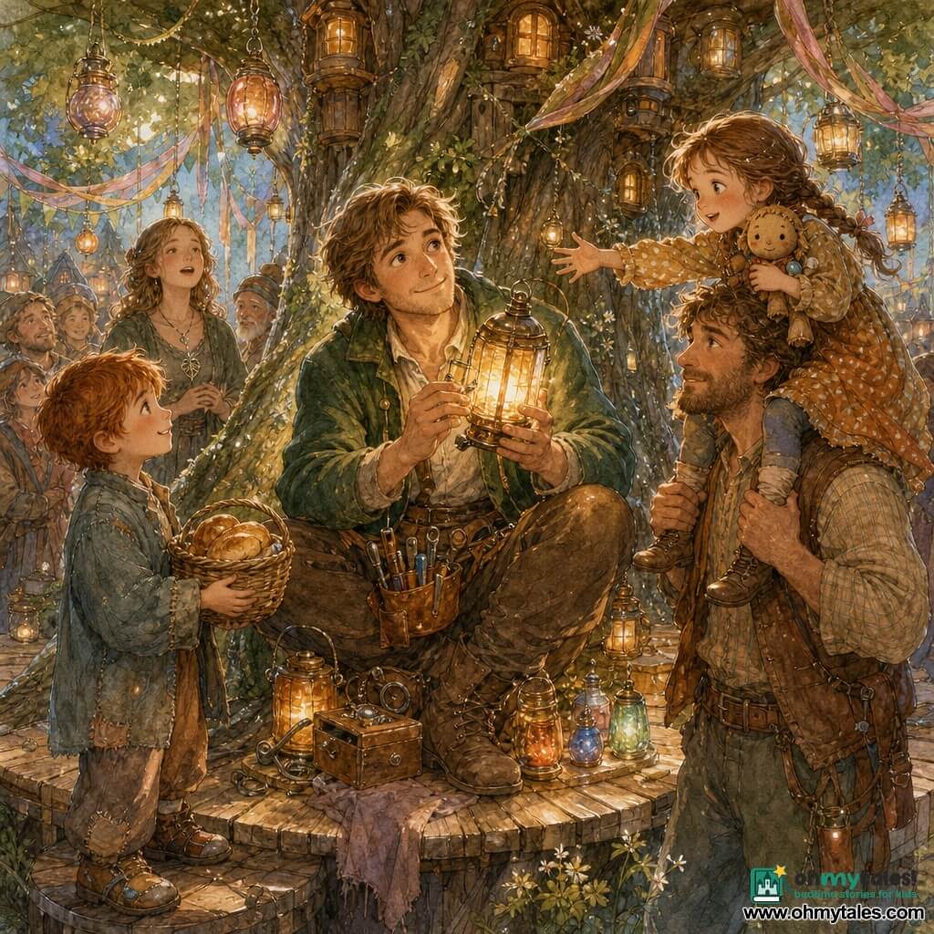 Rowan, about 30, with a soft, dreamy face and tousled light brown hair, in a green canvas jacket and leather tool belt, sits calmly on a large root knot holding a small amber-glowing lantern with a gentle smile; to his left Finn, about 10, with auburn hair and patched oversized clothes, stands holding a basket of golden breads and looking at Rowan with gratitude; Tansy, about 6, in braids and a polka-dot dress, sits on Hollis’s (about 40) shoulders clutching a worn doll and reaching toward the lantern with wonder; Mira, ~16, wearing a silver leaf pendant, sings softly near a small group of smiling villagers in the background; they are on a round platform carved into the trunk of a massive tree with circular wooden planks, hanging colored-glass lanterns, vines, tiny bark houses, soft green moss and ribbon garlands floating in the air; the scene centers on repairing and sharing the lantern, outstretched hands and warm looks, a cozy evening-festival mood with soft warm light, visible textures of bark, fabric and glass, in a watercolor palette of greens, browns and golds with white gel-pen highlights.