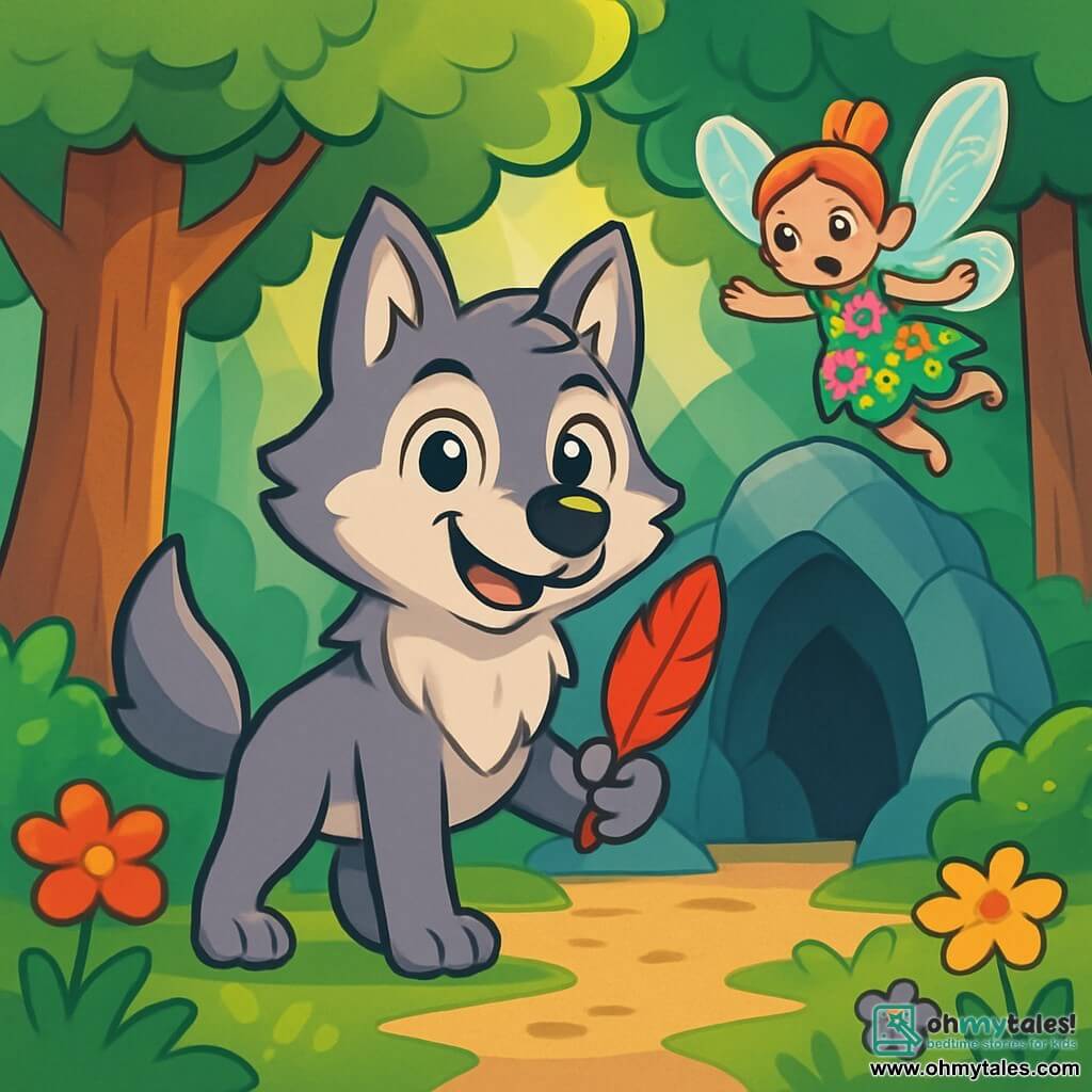 A silver-furred wolf with bright, curious eyes stands at the center of the scene, displaying a determined and joyful expression. He holds a vibrant red feather in his paw, symbolizing his adventure. Next to him, a small fairy named Flick, with sparkling wings and a colorful flower dress, joyfully flies, her eyes sparkling with excitement. In the background, the Whispering Forest majestically stretches out, with thick-trunked trees and lush green leaves, while rays of sunlight break through the foliage, illuminating the flower-strewn ground. The scene depicts the moment when Luno and Flick discover the entrance to the Crystal Caves, ready to embark on a magical quest to find the Fire Bird.