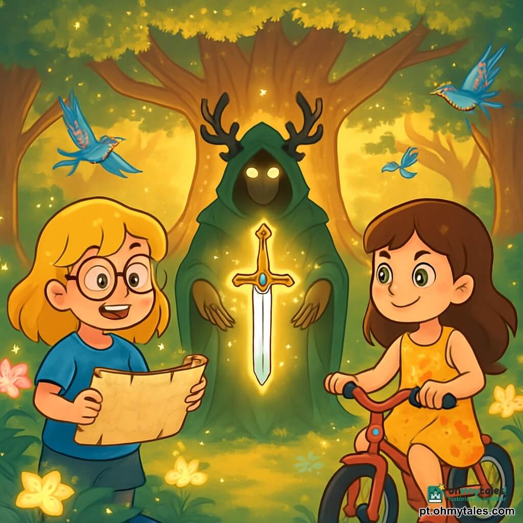 Há 2 personagens principais: - Clara: uma menina de 10 anos, com cabelos dourados que brilham como o sol, usando óculos redondos e uma camiseta azul. Ela segura um antigo rolo de mapa nas mãos, com os olhos brilhando de excitação. - Lina: uma menina de 10 anos, com cabelos castanhos e olhos verdes brilhantes, vestida com um vestido leve decorado com padrões florais. Ela está em seu triciclo, pronta para avançar, com um sorriso determinado no rosto. O ambiente é uma clareira mágica, cercada por árvores majestosas com troncos grossos e folhas cintilantes, banhadas por uma luz dourada. No centro, uma imensa árvore com galhos extensos parece tocar o céu, suas raízes serpenteando como veias no solo. Flores luminosas emitem um suave brilho, e criaturas fantásticas, como pássaros com penas iridescentes, voam ao redor delas. A situação principal mostra Clara e Lina diante do Guardião da floresta, um ser misterioso com olhos sábios, que lhes apresenta a magnífica Espada Harmônica, flutuando entre elas. O ar está cheio de magia e antecipação, enquanto elas se preparam para começar sua grande aventura para unir seus mundos.