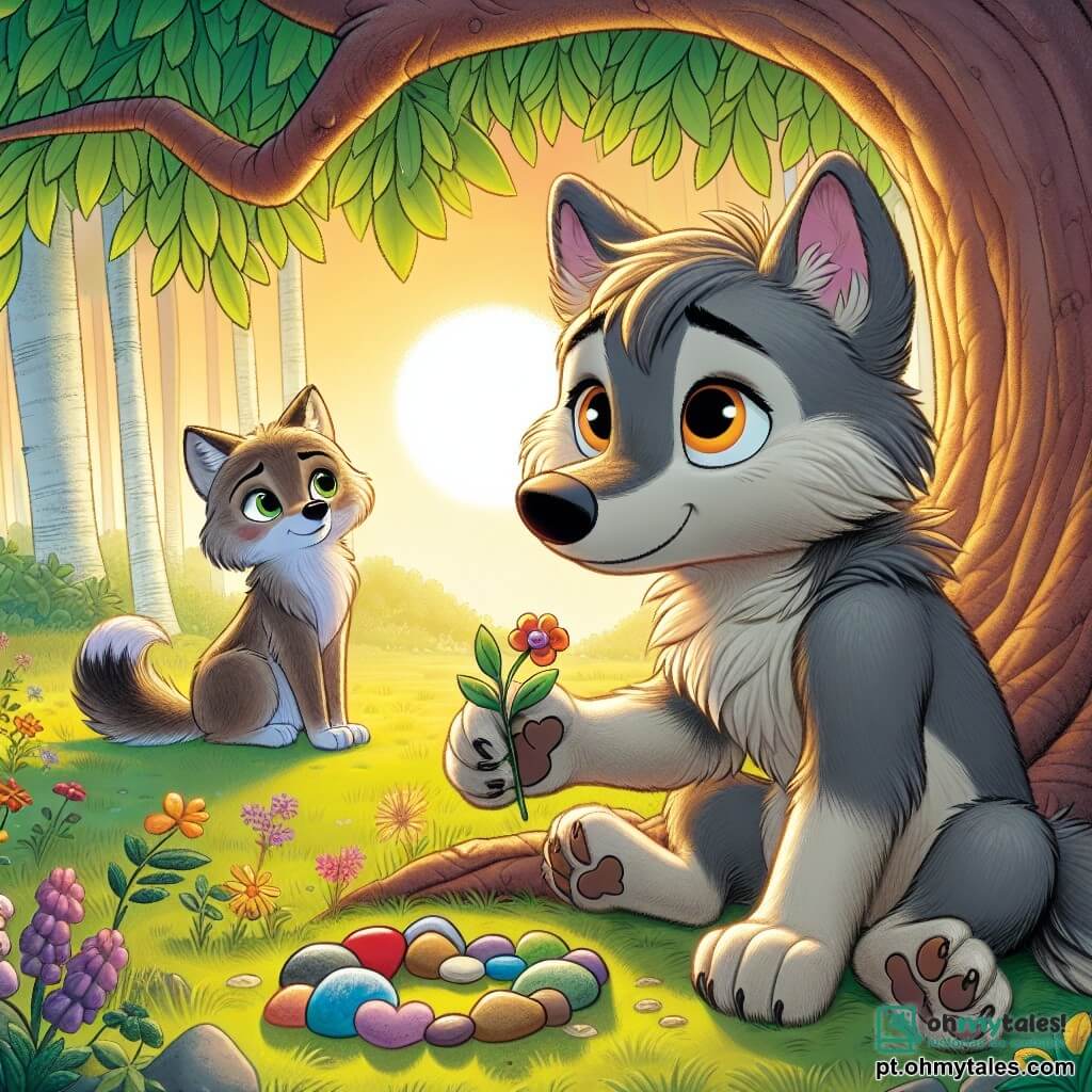 Um pequeno lobo chamado Lupi, com pelagem cinza e olhos brilhantes, está sentado sob uma grande árvore de folhas verdes vibrantes. Ele tem uma expressão melancólica, com as orelhas levemente abaixadas, segurando em suas patas uma pequena pedra colorida que acabou de colocar em um montículo de pedras em forma de coração. Perto dele, sua mãe, uma loba de pelagem macia e marrom, o observa com ternura, seus olhos cheios de compaixão. Ela está em pé, levemente inclinada para ele, como se quisesse oferecer conforto. O lugar é uma floresta tranquila, banhada pela luz dourada do sol poente, com flores silvestres coloridas espalhadas pelo chão e pássaros cantando nos galhos. A cena principal mostra Lupi criando um pequeno memorial para seu avô, simbolizando seu amor e memórias, enquanto se recorda das histórias que compartilharam.