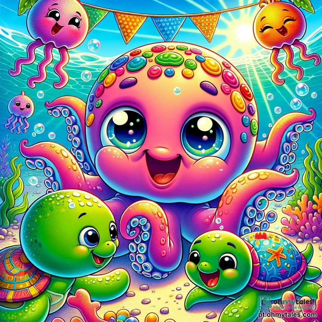Pepino, um adorável polvinho com braços ondulantes e cores vibrantes, está dançando alegremente nas águas cristalinas de uma praia ensolarada. Seus grandes olhos curiosos e um largo sorriso mostram sua empolgação pela aventura. Perto dele, Lola, uma tartaruga marinha com carapaça verde e padrões coloridos, observa Pepino com um sorriso caloroso, seus olhos brilhando de felicidade. Fred, um peixe-bolha de cores vibrantes, flutua ao lado deles, rindo e inflando-se, suas bochechas redondas e rosas acrescentando ao seu ar cômico. O local é uma linda praia subaquática, com corais multicoloridos, algas dançantes e raios de sol filtrando pela água, criando uma atmosfera mágica e festiva. A cena principal mostra Pepino e seus amigos preparando um festival de verão subaquático, cercados por lanternas de algas brilhantes, rindo e se divertindo juntos, prontos para celebrar sua amizade e descobertas.