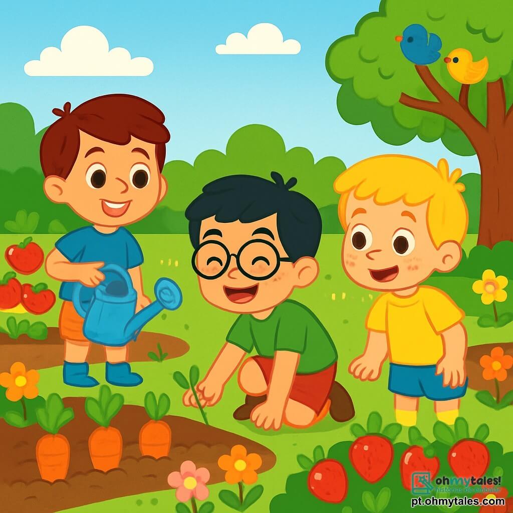 Há 3 personagens: Tomás, um menino de 6 anos com cabelo castanho e olhos brilhantes, vestindo uma camiseta azul e um shorts bege, segurando um regador e sorrindo alegremente; Miguel, um menino de 6 anos com cabelo preto e óculos redondos, vestindo uma camiseta verde e um shorts vermelho, agachado puxando uma erva daninha com um grande sorriso; e João, um menino de 6 anos com cabelo louro e sardas, vestindo uma camiseta amarela e um shorts azul, em pé admirando as plantas. Os três amigos estão em uma horta comunitária, cercados por fileiras de legumes coloridos: tomates vermelhos, cenouras laranjas e morangos suculentos. Flores multicoloridas bordejam os caminhos e pássaros cantam nas árvores verdes. O céu é azul brilhante com algumas nuvens brancas. A cena principal mostra os meninos se divertindo regando as plantas e arrancando ervas daninhas, rindo e compartilhando momentos de alegria sob o sol de verão.