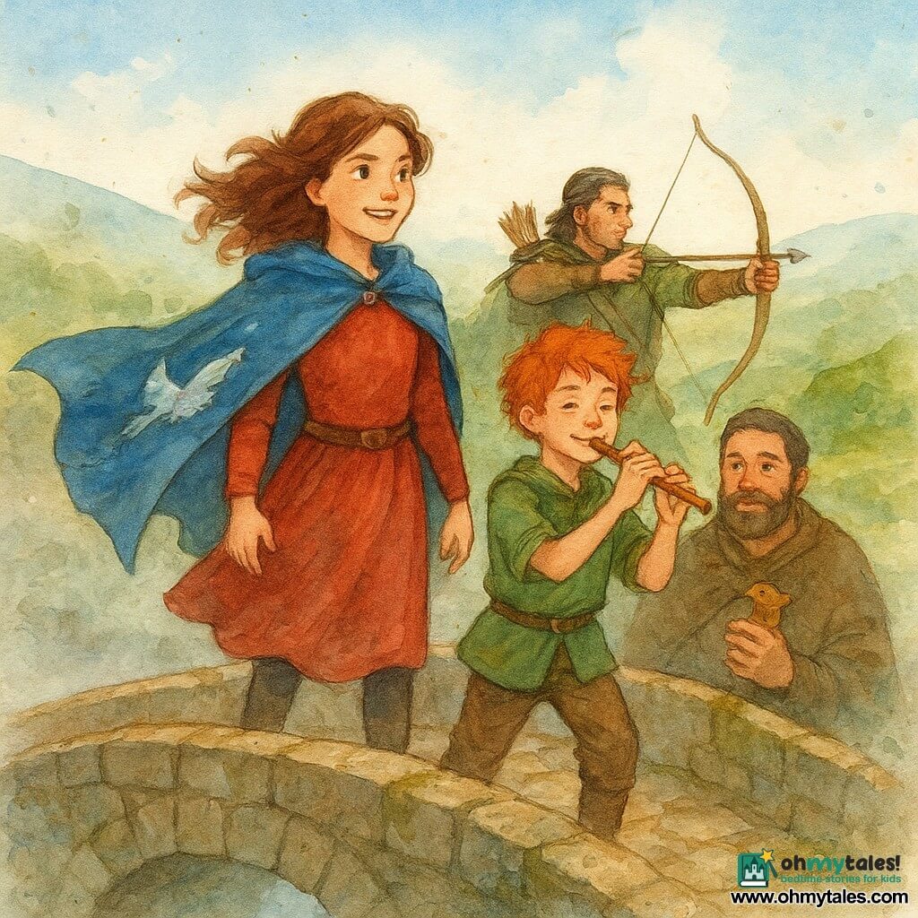A young woman, Maelin, stands on an ancient stone bridge, her face shining with determination and courage. She wears a cape made from an old flag adorned with a silver bird, gently fluttering in the wind. Beside her, a red-haired boy, Elor, plays the flute with a mischievous smile, his eyes sparkling with mischief. Nearby, a sturdy middle-aged man, Thom, watches the scene protectively, holding a small wooden bird in his hand. In the background, a slender archer, Rynn, draws his bow with focus, ready to defend his friends. The bridge is surrounded by gray mist slowly dissipating, revealing a landscape of green hills and shimmering rivers under a clear blue sky. The main scene depicts the moment when Maelin and her friends break the magical silence, bringing music and color back to the valley.