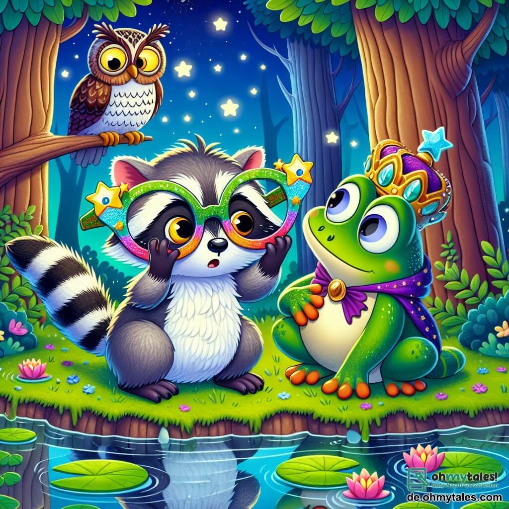 Ein niedlicher kleiner Waschbär namens Bruno mit grauem Fell und schwarzen Streifen am Schwanz sitzt am Ufer eines glitzernden Teiches unter dem Mond. Er trägt eine große bunte Brille, die ihm von der Nase rutscht, und sein Gesichtsausdruck ist sowohl perplex als auch amüsiert, mit runden, glänzenden Augen. Neben ihm sitzt eine weise Eule namens Olga mit großen gelben Augen und braunen Federn auf einem Ast. Sie schaut Bruno mit einem schelmischen Lächeln an, als wüsste sie etwas, das er nicht weiß. Ein wenig weiter steht ein königlicher Frosch namens Friedolin mit einer Blätterkrone auf dem Kopf und einem kleinen Holzscepter auf einem Seerosenblatt, stolz und amüsiert, während er über Brunos Situation lacht. Der Ort ist ein friedlicher Teich, umgeben von großen Bäumen mit leuchtend grünen Blättern, mit Sternenreflexionen im Wasser, die eine magische nächtliche Atmosphäre schaffen. Die Hauptsituation zeigt Bruno, der verzweifelt am Ufer des Teiches nach seiner Brille sucht, während Olga und Friedolin freundlich über ihn lachen und der Szene einen Hauch von Humor verleihen.