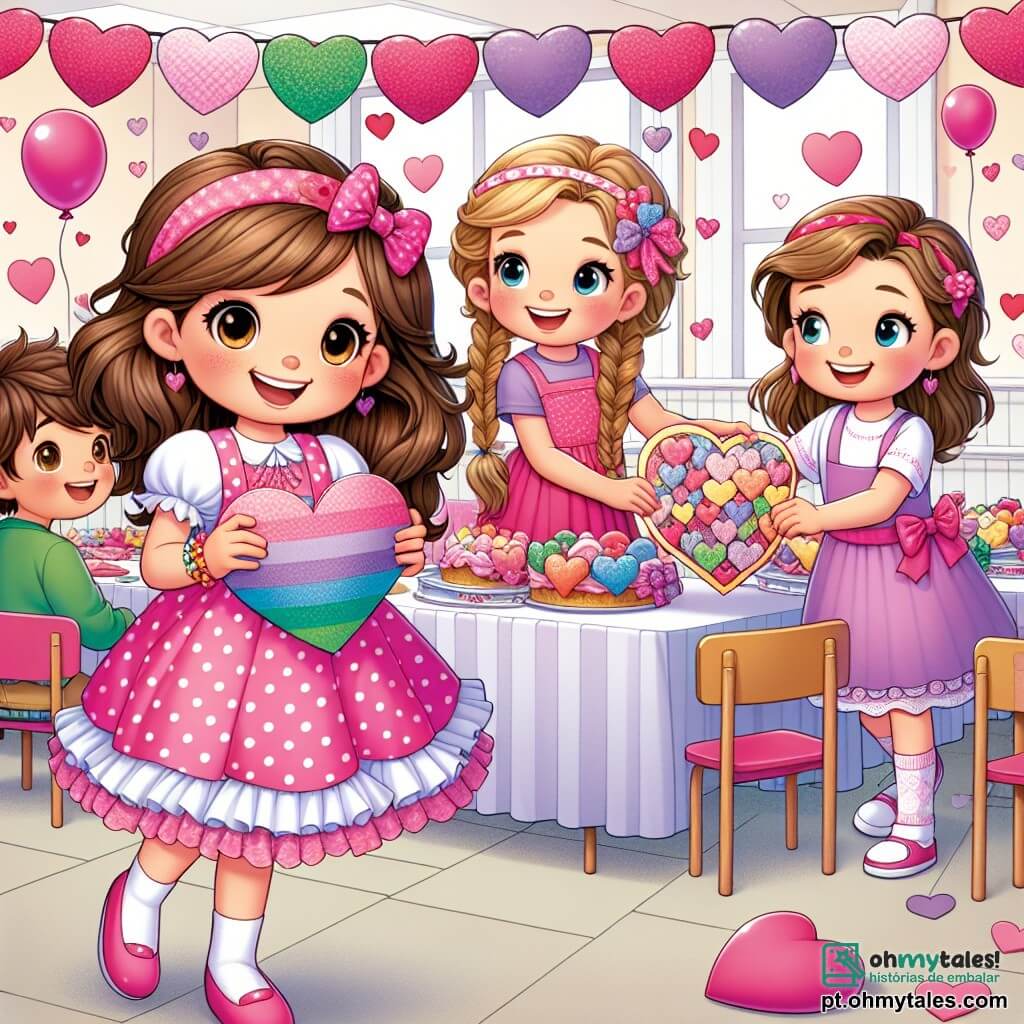 Uma menina de 12 anos, Clara, com cabelos castanhos em coques, sorridente e cheia de energia, está no centro da imagem, segurando um grande coração de papel colorido. Ela usa um vestido rosa de bolinhas e sapatos brancos, e seu rosto irradia alegria e empolgação. Ao lado dela, sua melhor amiga Sofia, também de 12 anos, com cabelos loiros trançados e um vestido roxo, a ajuda a pendurar guirlandas de corações de papel no teto, enquanto ri. Um menino de 11 anos, Lucas, está um pouco afastado, com cabelos castanhos e uma camiseta verde, segurando uma grande bandeja de biscoitos em forma de coração, pronto para distribuí-los aos convidados. A cena acontece em uma sala de aula decorada para a festa de Dia dos Namorados, com balões rosa e vermelhos flutuando no teto, mesas cobertas com toalhas coloridas e guirlandas de corações penduradas nas paredes. Risadas e luzes preenchem o ar, criando uma atmosfera festiva e acolhedora. Clara e seus amigos estão preparando a festa, cheios de empolgação e criatividade, enquanto outras crianças começam a chegar, trazendo sorrisos e surpresas.