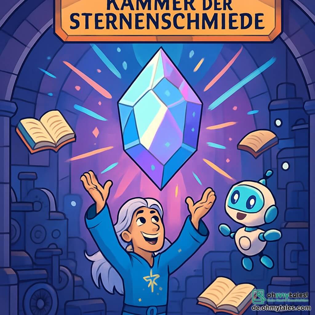 Ein Mann namens Lirion mit langen silbernen Haaren trägt eine blaue Tunika mit sternförmigen Mustern. Sein Gesicht zeigt eine fröhliche Entschlossenheit, während er die Arme zu einem riesigen, funkelnden Kristall in der Mitte des Raumes hebt. Neben ihm schwebt ein kleiner Roboter namens Zip, mit einem runden Körper und leuchtenden Augen, fröhlich und neugierig auf den Kristall blickend. Die Szene spielt in der Kammer der Sternenschmiede, einem großen Raum mit glänzenden Metallwänden, beleuchtet von blauen und lila Lichtern, wo ein riesiger Kristall Lichtstrahlen in alle Richtungen ausstrahlt. Lirion und Zip sind umgeben von alten Maschinen und schwebenden Büchern, was eine magische und technologische Atmosphäre schafft. Die Hauptsituation zeigt Lirion, der den Kristall reaktiviert, während magische Energiewellen um ihn wirbeln und den Raum in strahlendem, buntem Licht erleuchten.