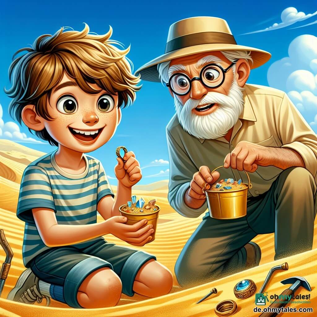 Ein junger Junge namens Max, etwa 10 Jahre alt, mit zerzausten braunen Haaren und neugierigen Augen, hockt im goldenen Sand und hält einen kleinen Eimer voller archäologischer Schätze. Sein Gesicht zeigt Aufregung und Staunen mit einem breiten Lächeln und rosigen Wangen. Neben ihm beobachtet Professor Müller, ein etwa 50-jähriger Mann mit runden Brillen und grauem Bart, aufmerksam einen alten Ring, den er im Sand gefunden hat. Er trägt ein beiges Hemd und einen Strohhut und beugt sich leicht vor, um sein Interesse an der Entdeckung zu zeigen. Die Szene spielt in einer weiten Wüstenlandschaft mit goldenen Sanddünen unter einem strahlend blauen Himmel. Archäologische Werkzeuge wie Schaufeln und Pinsel sind um sie herum verstreut. Die Hauptsituation zeigt Max und Professor Müller bei der Entdeckung, während Max staunend den Schatz betrachtet, den sie gerade ausgegraben haben, während der Professor die Bedeutung ihres Fundes erklärt.
