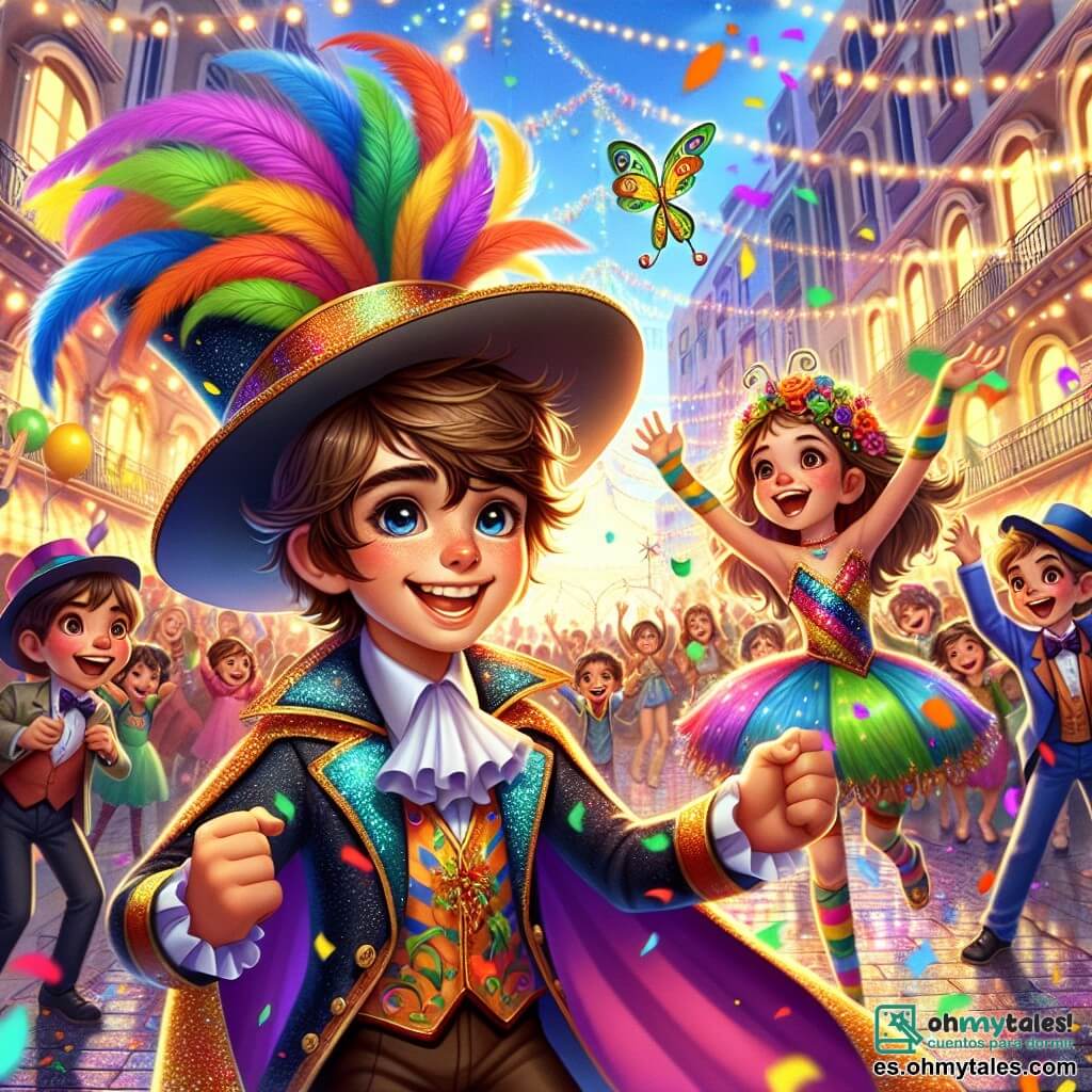 Un niño de 12 años, Lucas, con el cabello castaño despeinado y ojos brillantes de alegría, lleva un disfraz de Mago de los Colores, una capa brillante adornada con plumas multicolores y un gran sombrero puntiagudo decorado con estrellas centelleantes. Baila con entusiasmo en medio de una multitud, con una radiante sonrisa en su rostro. A su lado, una niña de 10 años, vestida de mariposa con alas coloridas, ríe alegremente mientras agita confeti. Un niño de 11 años, disfrazado de payaso, hace malabares con pelotas de colores, atrayendo la atención de los niños a su alrededor. El escenario es una calle animada, bordeada de edificios decorados con guirnaldas luminosas y banderines coloridos, donde desfilan carrozas festivas llenas de flores brillantes y músicos tocando instrumentos alegres. La escena está llena de colores vivos, risas y música pegajosa, creando una atmósfera de fiesta y magia. Lucas, en el centro de la acción, agita su varita mágica, liberando una nube de polvo de colores que ilumina el aire, cautivando a todos los espectadores maravillados.
