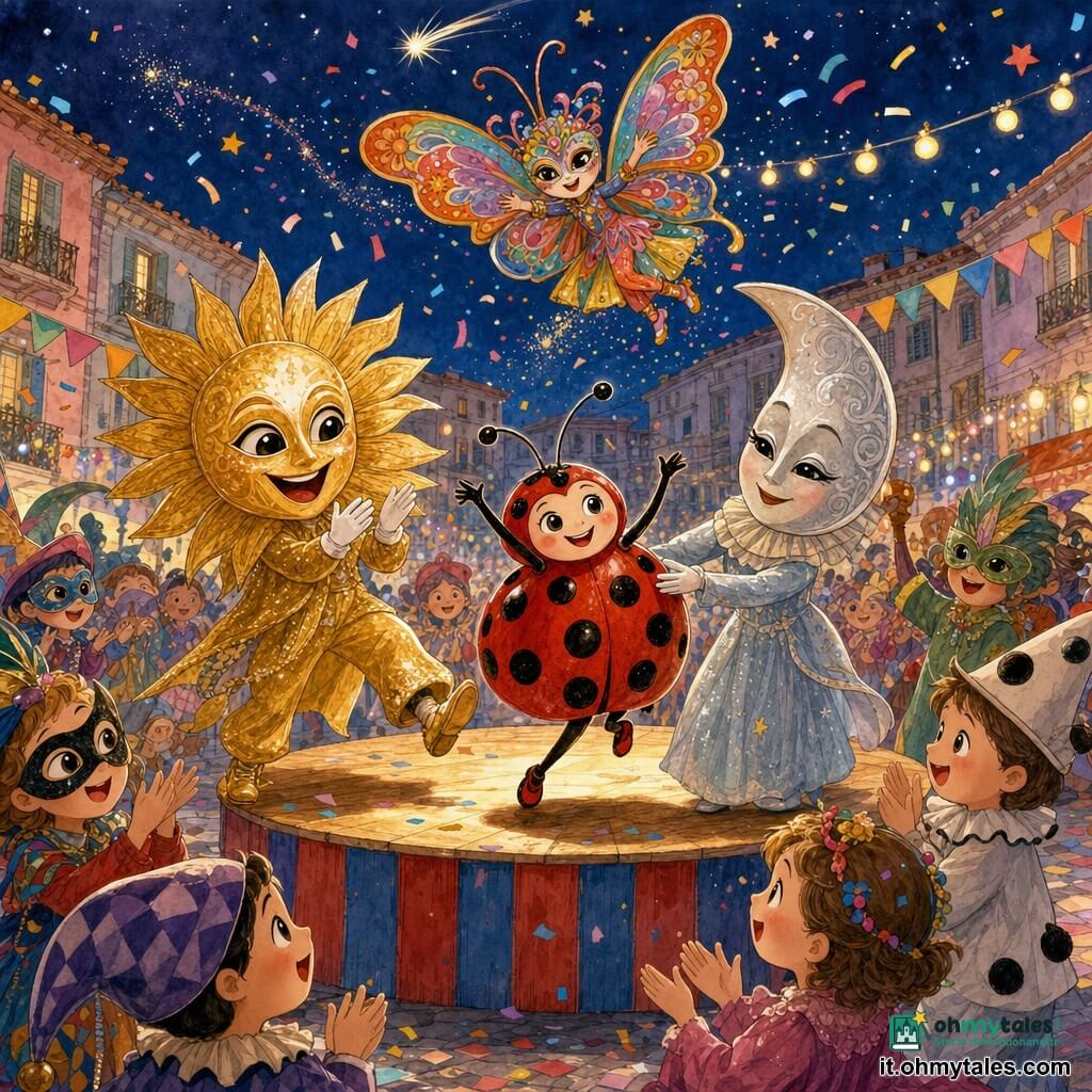 Una piccola coccinella di carta chiamata Lella, rossa con sei grandi macchie nere e antenne sottili, danza con sicurezza sul podio colorato; a sinistra una grande maschera di sole dorata applaude facendo ampi passi, dietro Lella una maschera di luna argento la guida dolcemente per il braccio, una maschera di farfalla multicolore vola sopra il podio con arabeschi; la scena è la piazza del villaggio con podio di legno dipinto, festoni e luci: festa di carnevale vivace — Lella al centro sotto i riflettori, amici in costume che la incoraggiano, pioggia di coriandoli e bambini meravigliati intorno.