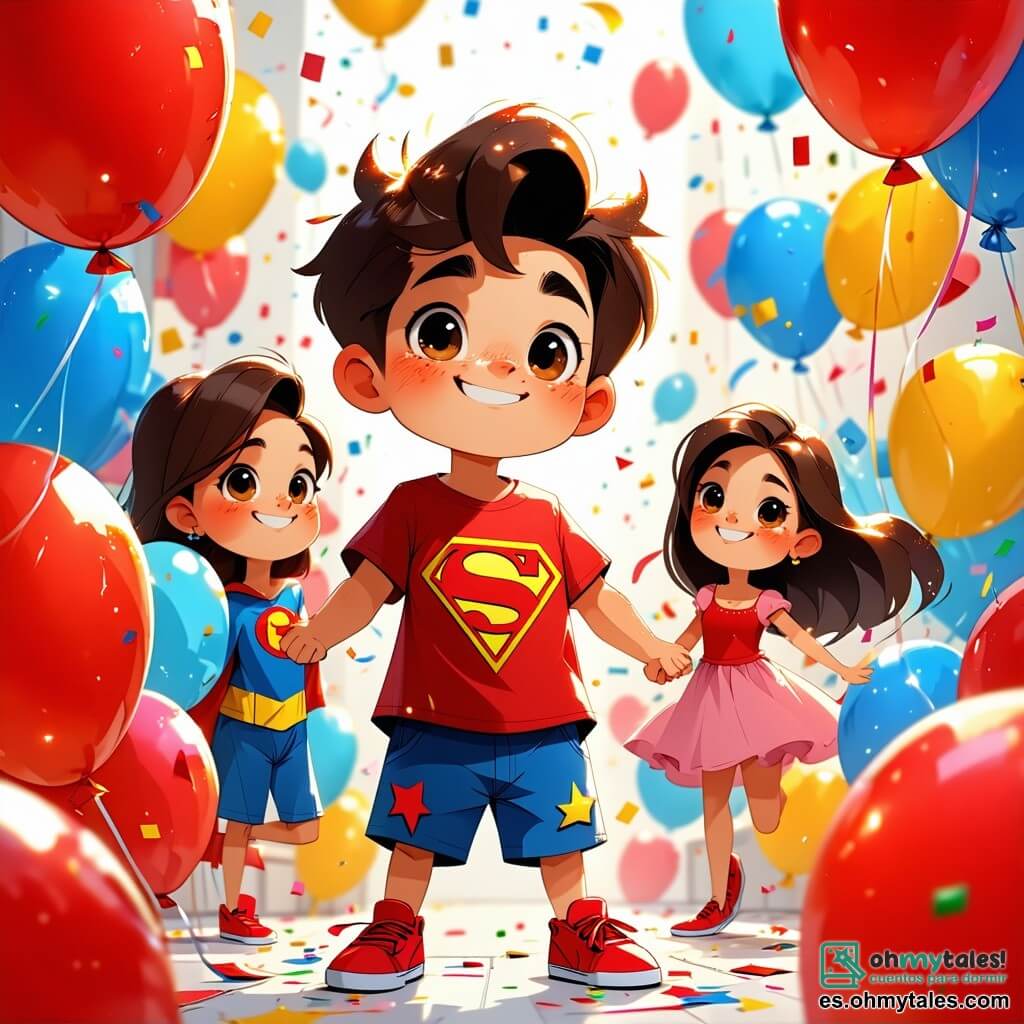 Un niño de 12 años, llamado Martín, con el pelo castaño alborotado y una gran sonrisa traviesa, está en el centro de la escena, rodeado de cientos de globos de colores que flotan a su alrededor. Lleva una camiseta roja con un dibujo de superhéroe y un pantalón corto azul, con los ojos brillando de alegría y emoción. A su lado, su hermana Lucía, una niña de 14 años con el pelo largo y liso, los ojos brillantes de diversión, lo ayuda a inflar los últimos globos, riendo de la situación. El escenario es un aula luminosa, con paredes pintadas de amarillo y carteles coloridos colgados, escritorios de madera bien ordenados y una gran ventana que deja entrar la luz del sol. La situación principal muestra a Martín y Lucía preparando una broma hilarante, llenando el aula de globos listos para estallar, mientras un grupo de alumnos entra y descubre la sorpresa, iluminando sus rostros de asombro y risa.