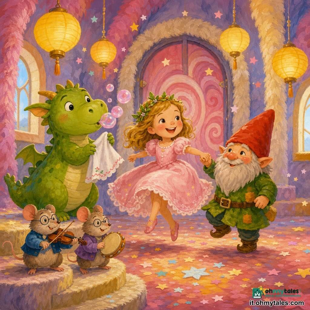 Principessa di circa 6 anni, sorriso radioso e occhi vivaci, in abito rosa cipria con piccola corona di foglie verdi, salta in tre passi al centro della scena; piccolo drago paffuto non umano, verde mela con muso rotondo che soffia bolle rosa e tiene un fazzoletto di marzapane; gnometto timido, piccolo essere barbuto non umano con cappello a punta rosso, tiene la mano della principessa sulla sua destra e sorride; due topini musicisti non umani con occhiali tondi, violino e tamburino su una gradinata in basso a sinistra suonano una melodia gioiosa; grande sala di castello fatta di peli colorati come setole, lanterne di carta gialla sospese, pareti pastello con finestre arrotondate e una grande porta di zucchero filato sullo sfondo; festa danzante con passi in tre tempi, coriandoli a forma di stelline di zucchero, luci calde e ombre morbide, atmosfera giocosa e piena di movimento.