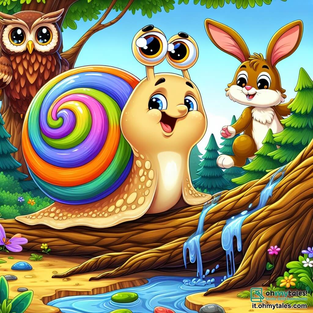 Un piccolo lumacone di nome Lillo, con una conchiglia colorata arcobaleno e grandi occhi curiosi, striscia lentamente sotto un maestoso albero, il suo viso esprime una gioiosa determinazione. Accanto a lui, una lepre dalle grandi orecchie e dal pelo marrone dorato salta con entusiasmo, incoraggiando Lillo nella sua ricerca. Un gufo saggio, appollaiato su un ramo, osserva la scena con occhi brillanti e un'espressione seria, pronto a dare consigli. Lo scenario è una foresta incantata, con alberi dai tronchi spessi, foglie verdi brillanti e fiori colorati che punteggiano il suolo. Lillo, mentre libera un passaggio sotto un grande albero caduto, scopre una sorgente d'acqua che inizia a scorrere di nuovo, portando vita al ruscello prosciugato.