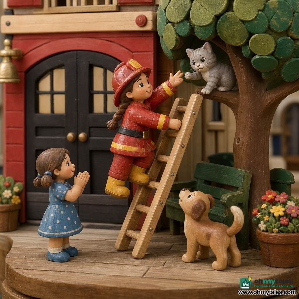 A wooden firefighter woman figurine with braided brown hair, a shiny red coat, yellow boots and a smiling determined face climbs a wooden ladder reaching out; a little girl figurine, about six, in a blue polka-dot dress with pigtails claps at the left foot of the ladder; Pippin, a small light-brown dog figurine wags his tail to the right near a flowerpot; a tiny gray kitten perches on a low branch, paw extended toward the firefighter; the miniature village street shows a red firehouse with a large black door, light-plank sidewalk, a round-foliage green tree, flower pockets and a green bench; the scene is gentle and reassuring—rescue of the kitten, ladder against the trunk, bright simple shapes, warm afternoon light, centered calm composition in a wooden toy style with visible brushstrokes.