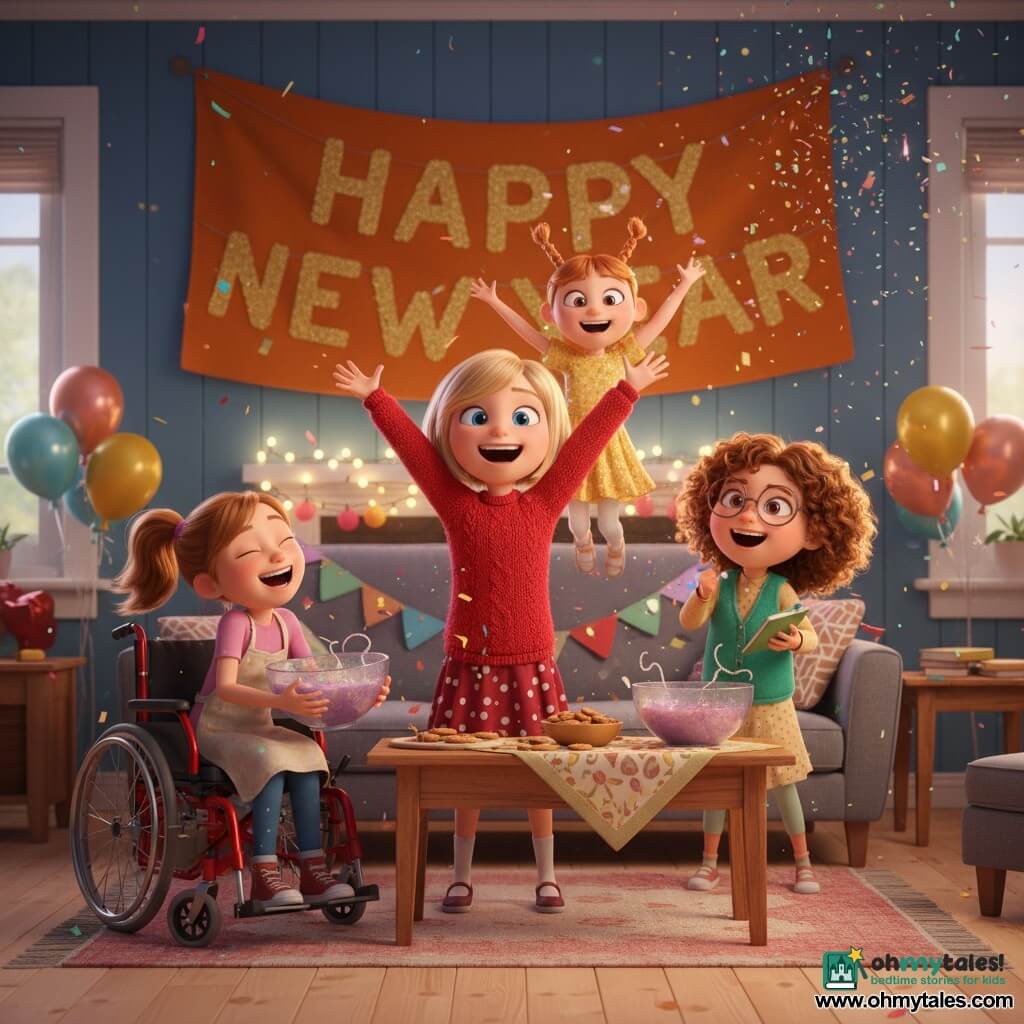 Four girls: Abby, 10, center, shiny blonde bob, blue eyes, red sweater and polka-dot skirt, standing with arms raised shouting Surprise! and smiling; Mia, 9, in a red wheelchair, light brown ponytail, flour-stained kitchen apron, left of Abby, leaning forward laughing and holding a large sparkling punch bowl; Sophie, 10, curly brown hair, round glasses, green cardigan holding a notebook, right of Abby slightly forward, joyful as if finishing hanging a banner; Lucy, 8, small and energetic, red braided hair, yellow sequin dress, just behind Abby jumping with confetti around her. Cozy living room in a blue house with light wood floor, gray sofa, wooden coffee table, multicolored garlands, metallic balloons, large orange-and-gold Happy New Year banner, warm string lights and a festive tablecloth laden with cookies and a big sparkling punch bowl. The girls leap from hiding to surprise their families—an explosion of joy with colorful confetti and glitter, soft warm lighting, exuberant expressions, dynamic clothing and ribbons, composition centered on Abby with a shallow depth of field for a warm, festive feel.