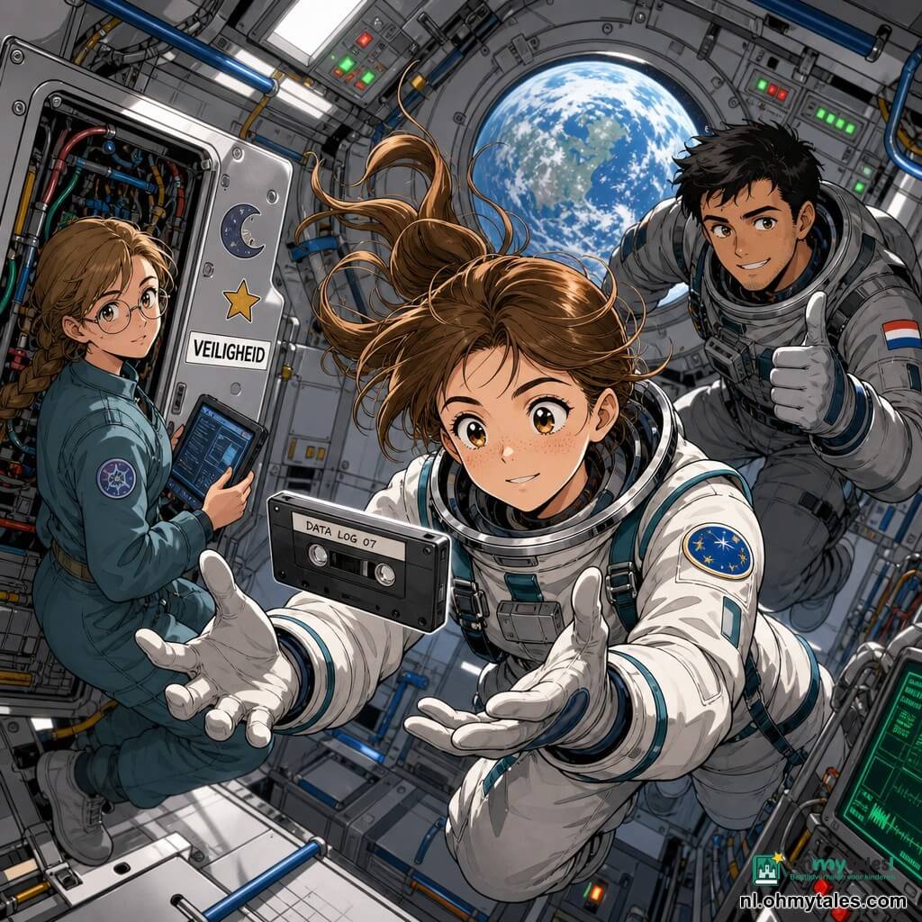 Een glimlachende, geconcentreerde jonge vrouwelijk astronaut met bruin zwevend haar en sproeten in een wit ruimtepak met blauwgroene details pakt voorzichtig een zwevende rechthoekige cassette, handschoenen soepel, kalme precieze houding; rechts op de achtergrond zweeft een grijnzende mannelijke astronaut in een grijs pak en steekt zijn duim op; links staat een vrouwelijke ingenieur met gevlochten haar en dunne bril bij een open paneel met gekleurde kabels en een tablet; binnenin een licht module met getextureerde metalen wanden, leidingen, groene en rode knoppen, een rond raampje met zicht op de blauwe aarde, decoratieve stickers (maan, ster, "VEILIGHEID"); zachte verlichting, nette onderhoudssfeer, duidelijke manga-achtige lijnen en lichte duikperspectief.